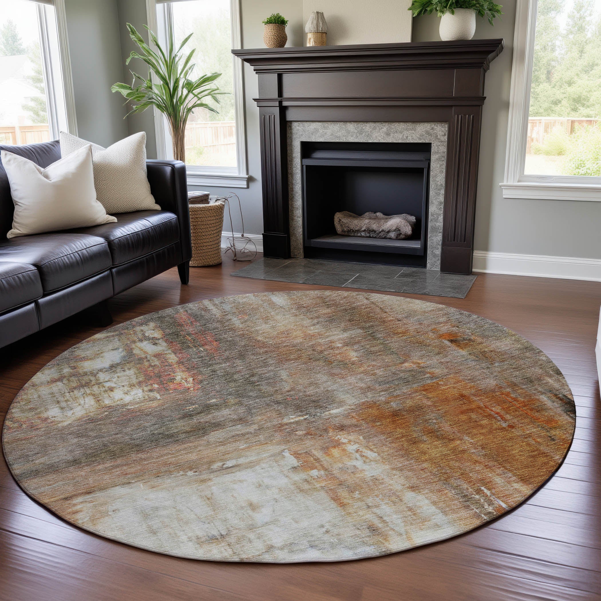 Lima Machine Washable Transitional Copper Orange Rug 8' x 8' #shape_Round
