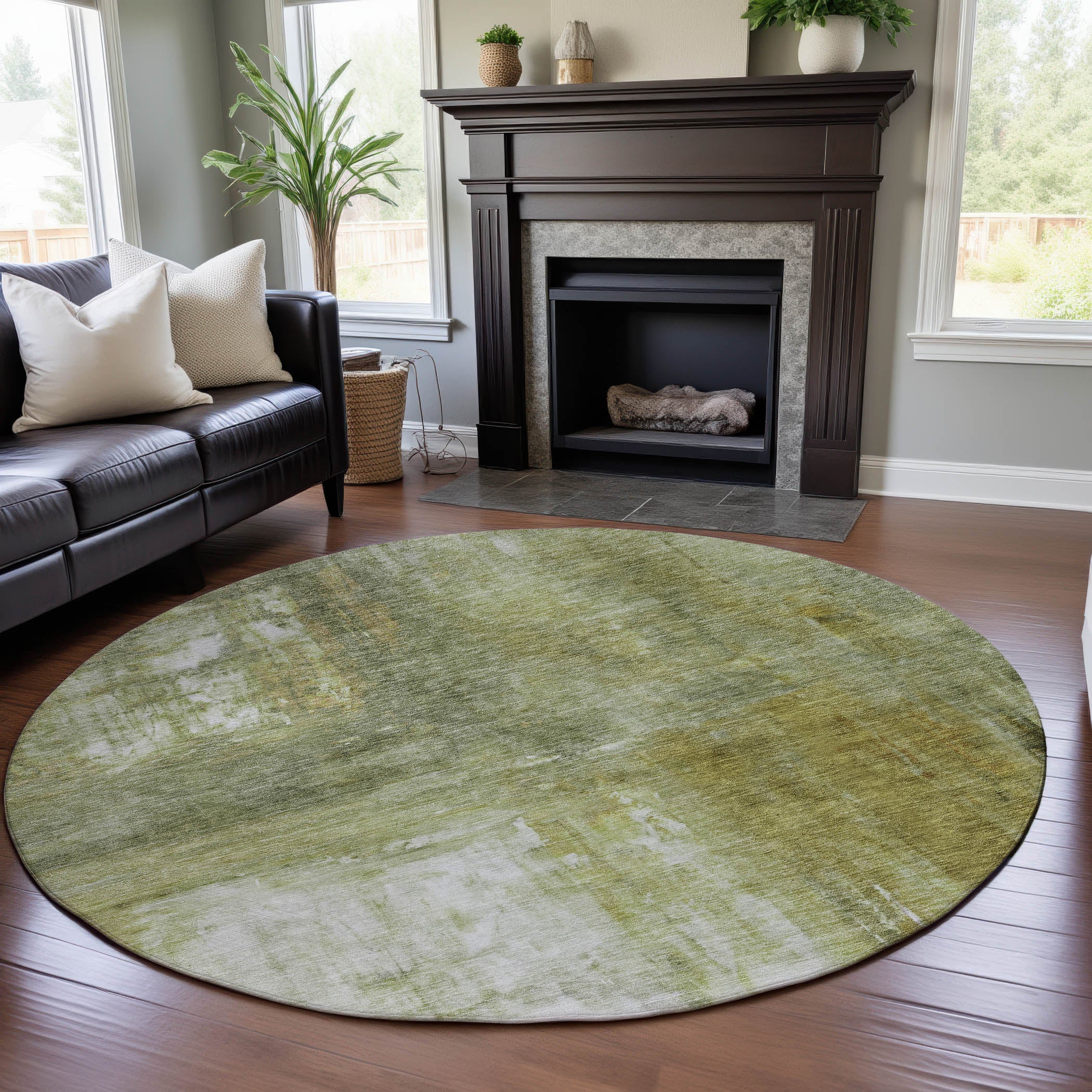 Lima Machine Washable Transitional Sage Green Rug 8' x 8' #shape_Round