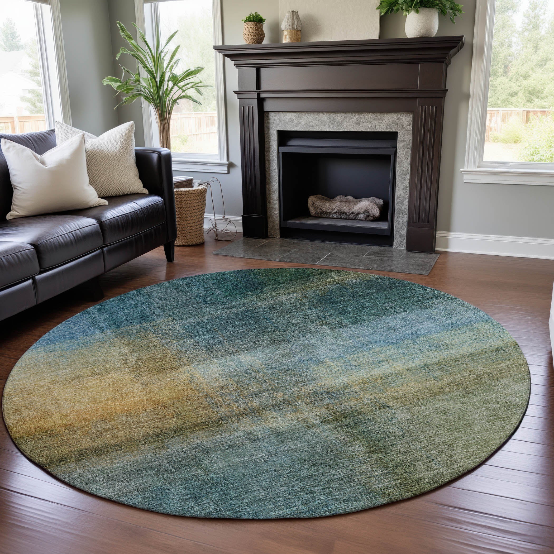 Oaxaca Machine Washable Transitional Blue Rug 8' x 8' #shape_Round