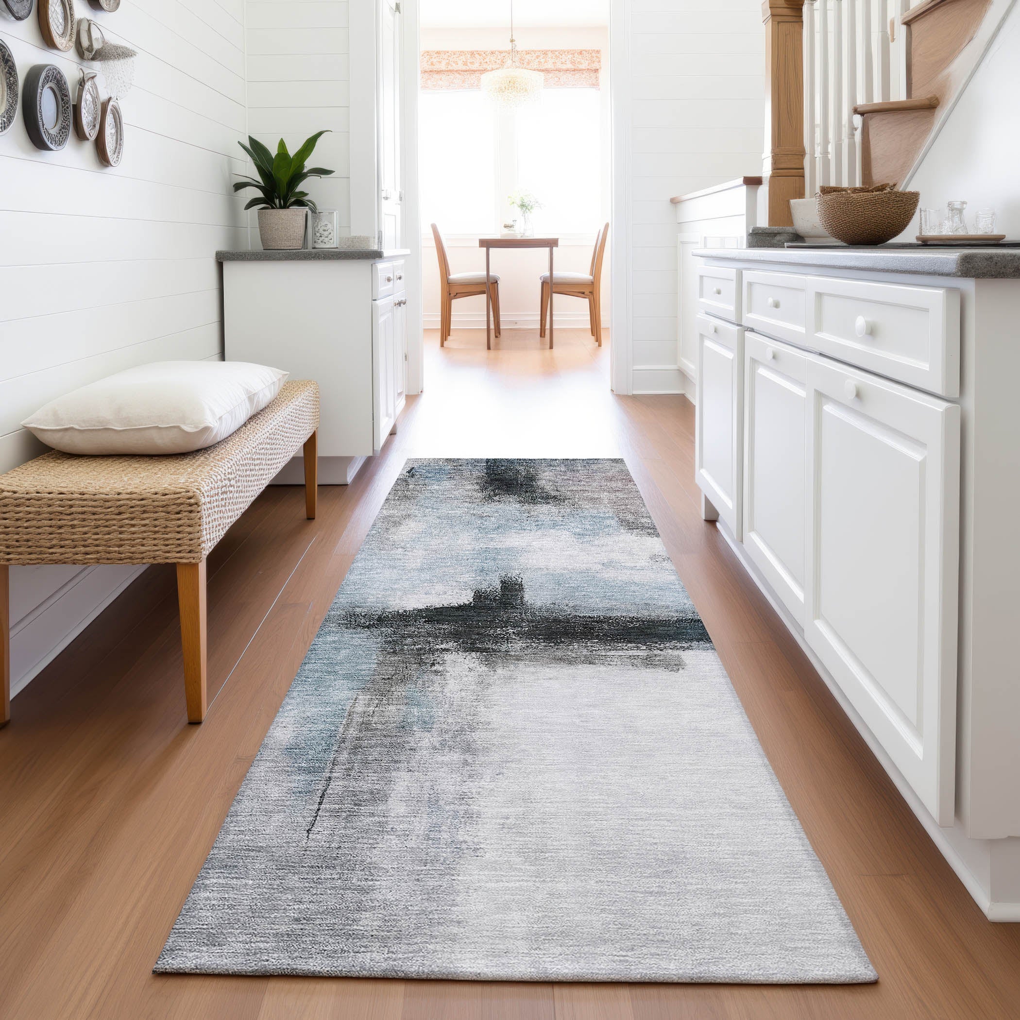 Lisbon Machine Washable Transitional Blue Rug 2'3" x 7'6" #shape_Runner