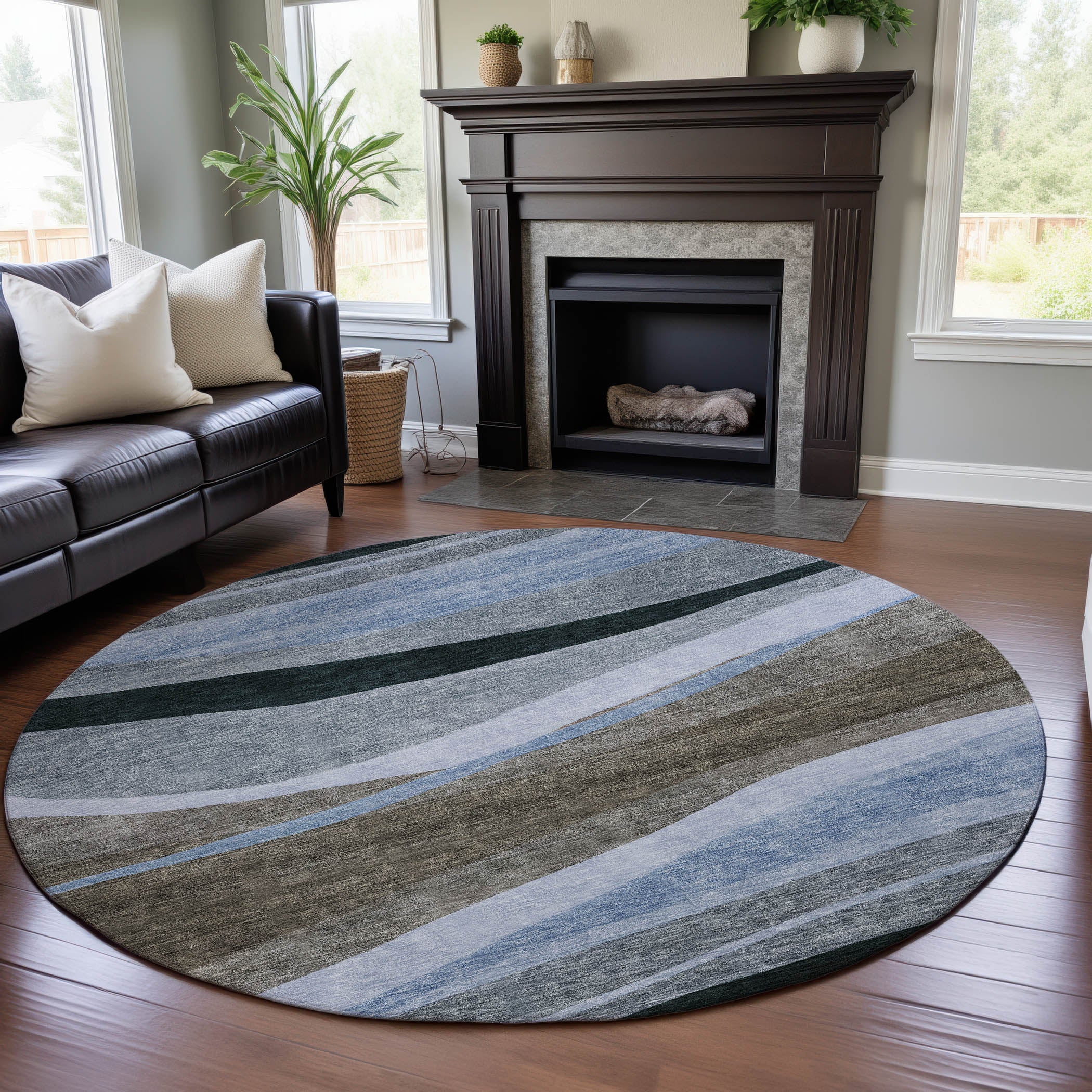 Split Machine Washable Transitional Brown Rug 8' x 8' #shape_Round