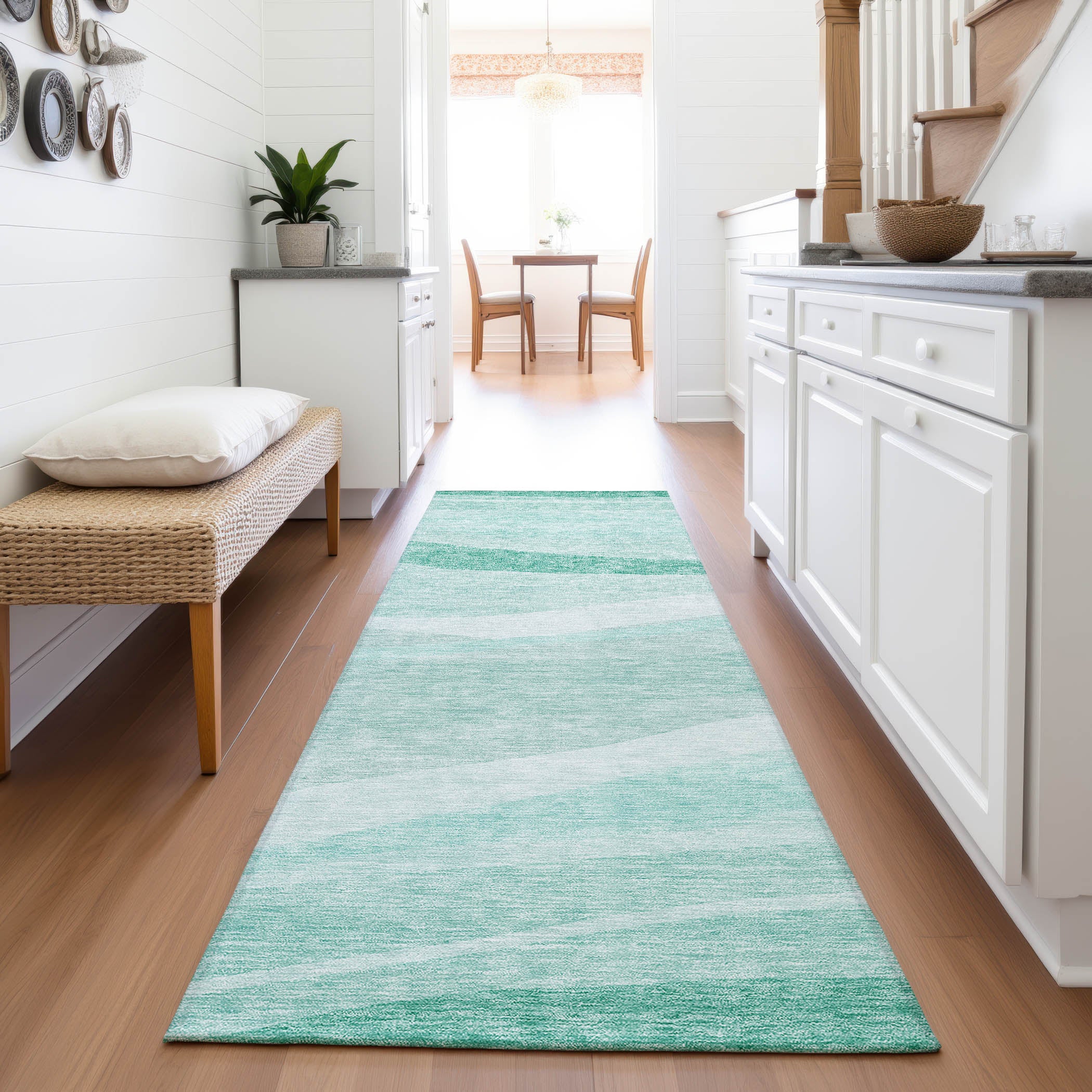 Antigua Machine Washable Transitional Aqua Teal Rug 2'3" x 7'6" #shape_Runner