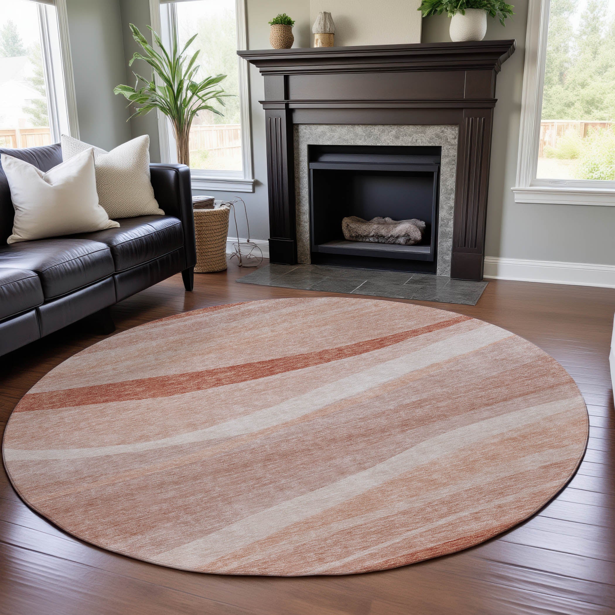 Antigua Machine Washable Transitional Salmon Orange Rug 8' x 8' #shape_Round