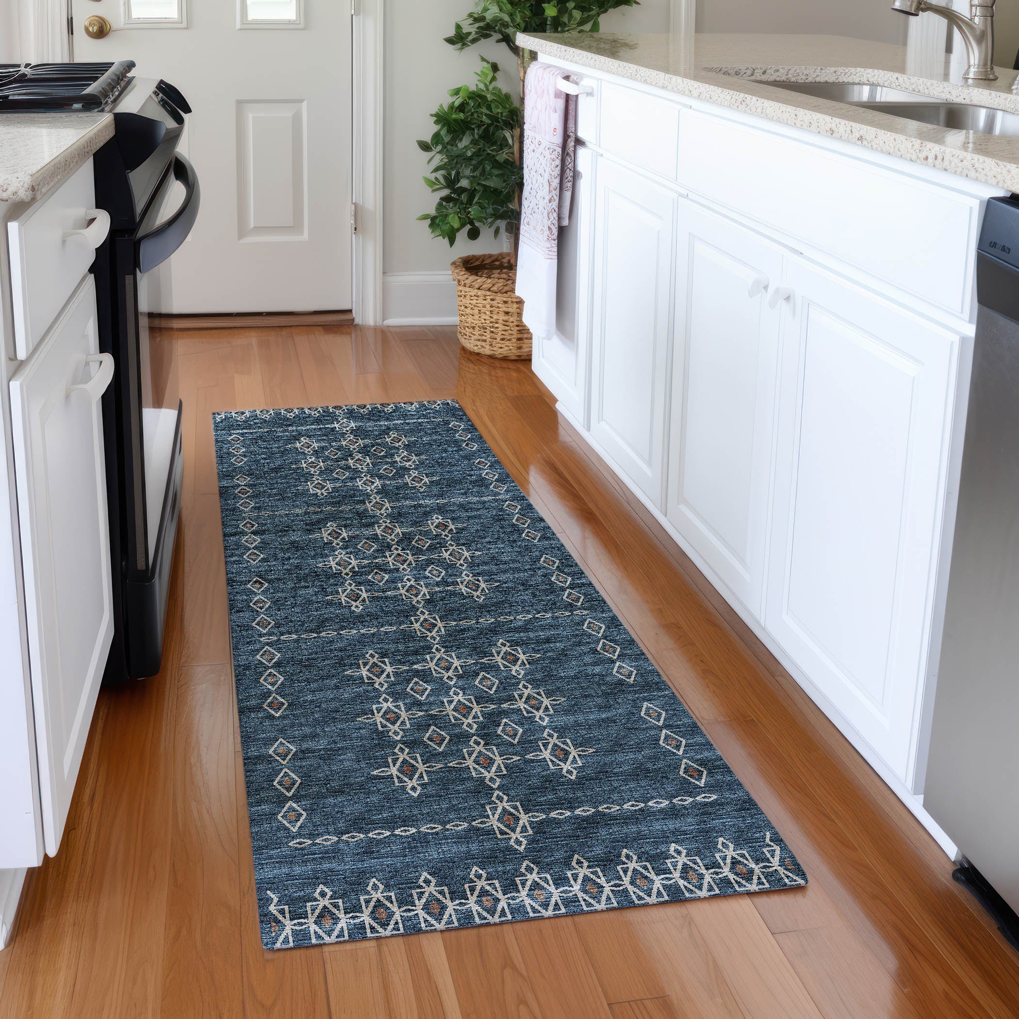 Bergen Machine Washable Transitional Blue Rug 2'3" x 7'6" #shape_Runner