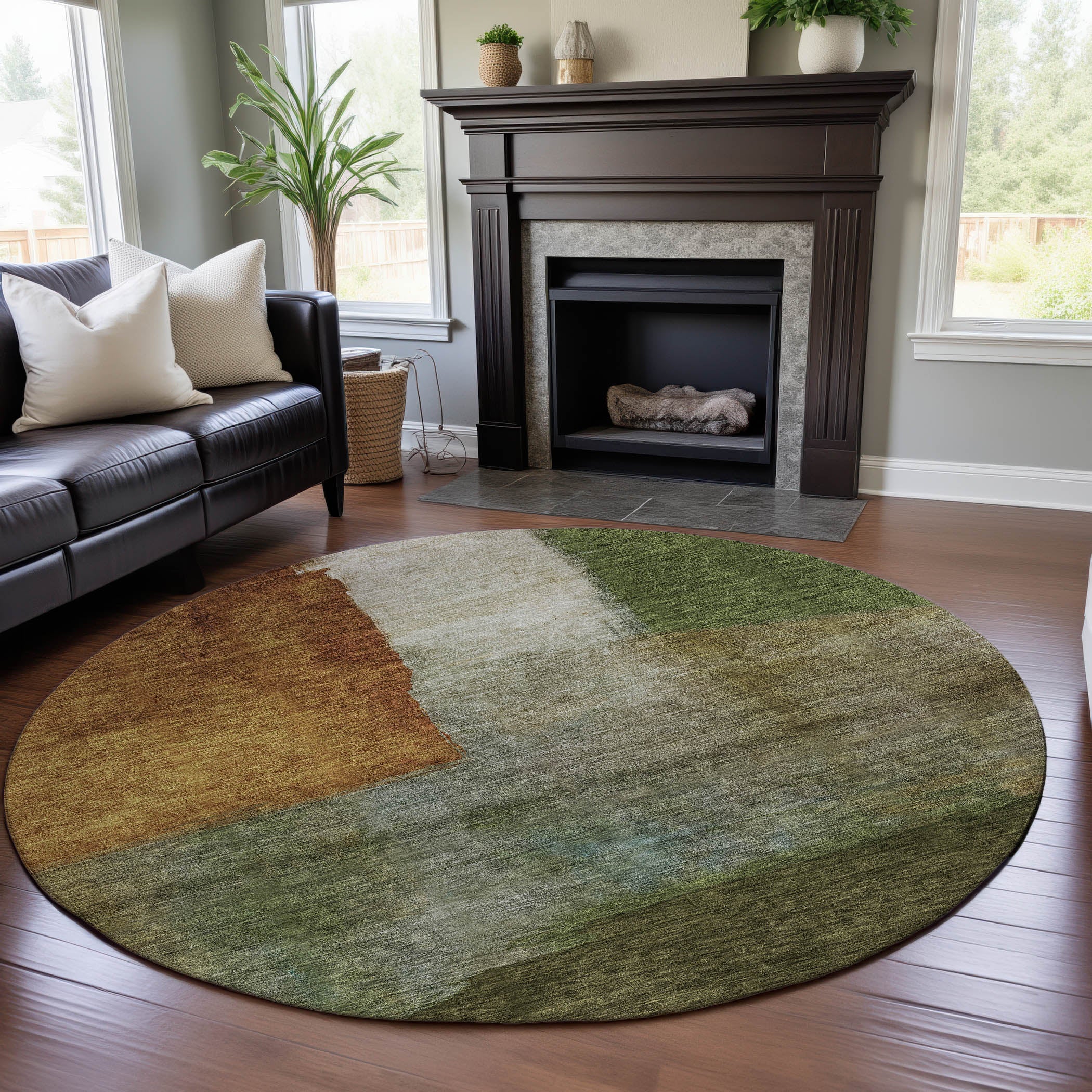Siena Machine Washable Transitional Green Rug 8' x 8' #shape_Round