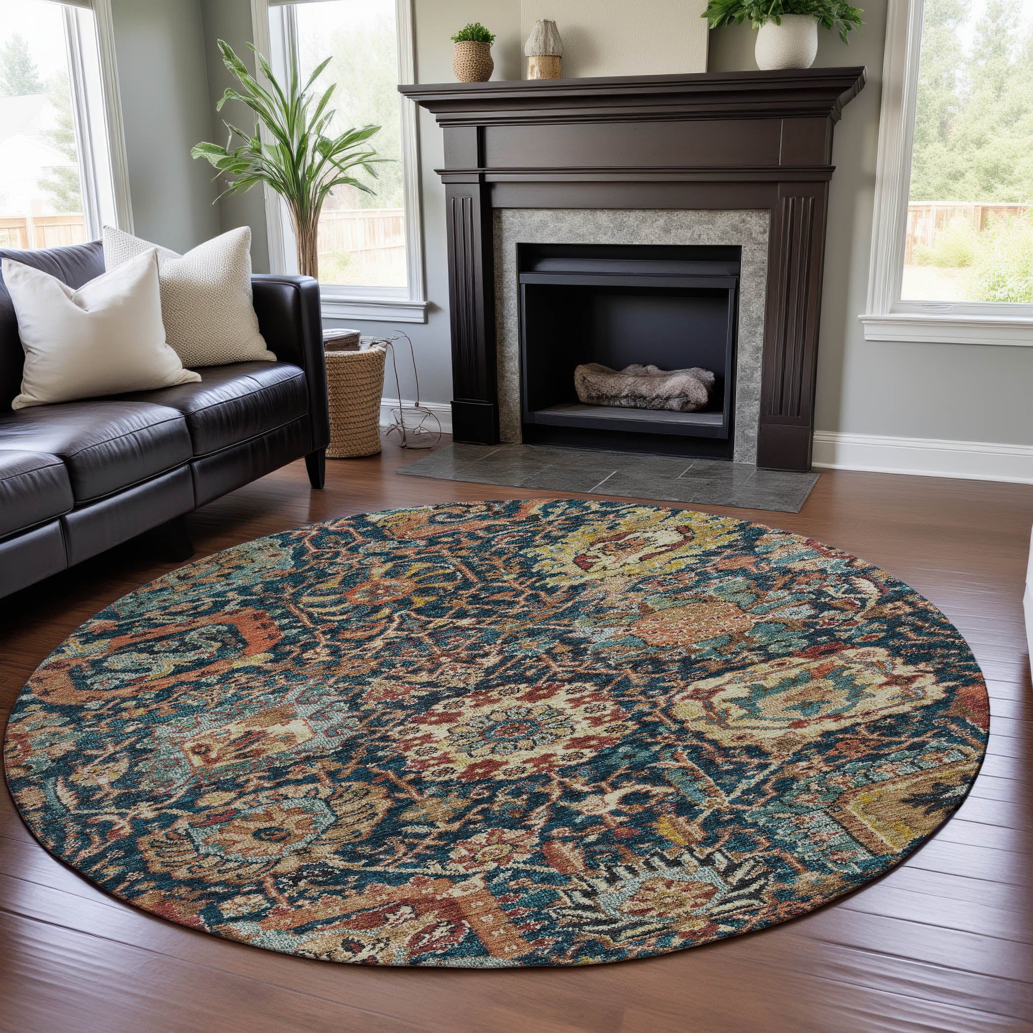 Salzburg Machine Washable Traditional Navy Blue Rug 8' x 8' #shape_Round