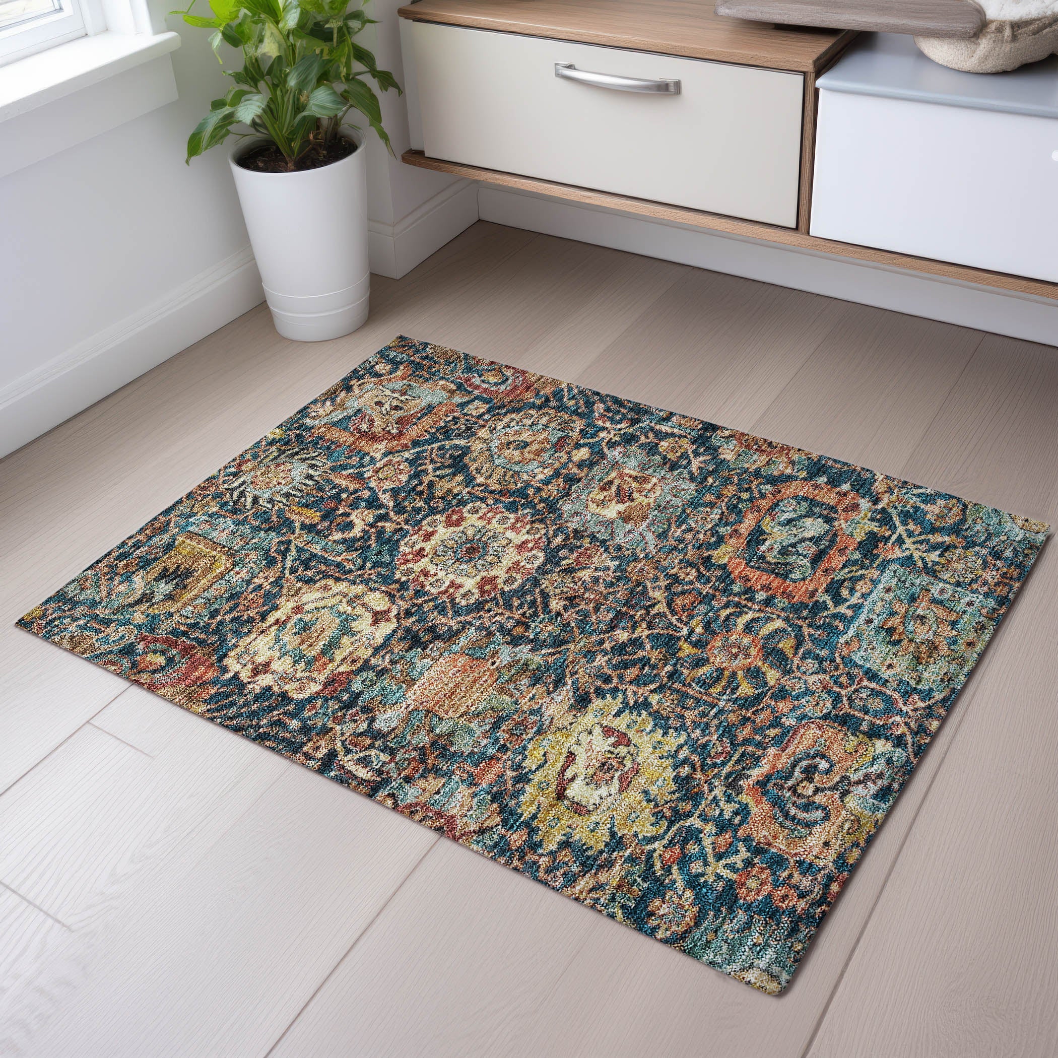 Salzburg Machine Washable Traditional Navy Blue Rug 1'8" x 2'6" #shape_Rectangle