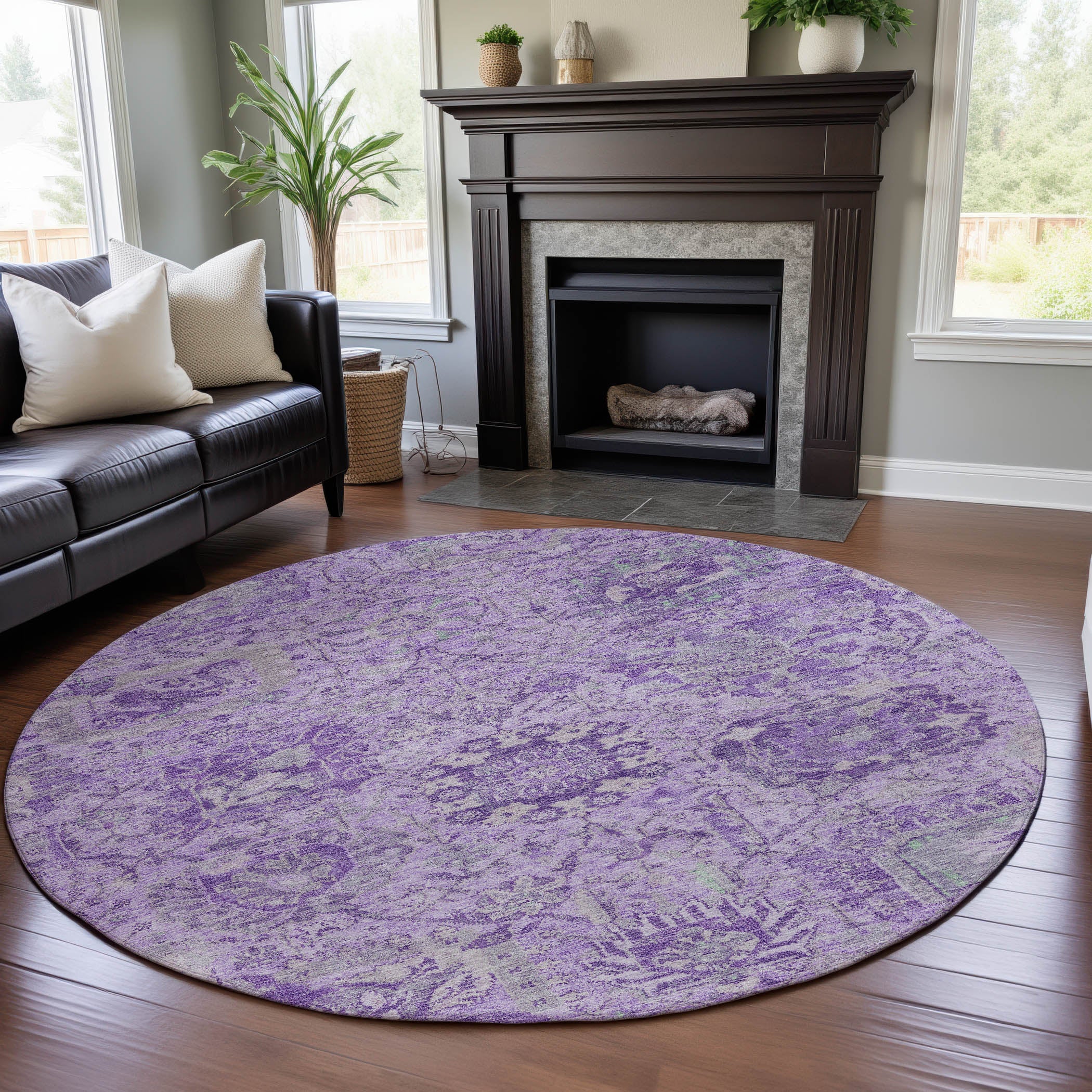 Colombo Machine Washable Traditional Lavender Purple Rug 8' x 8' #shape_Round