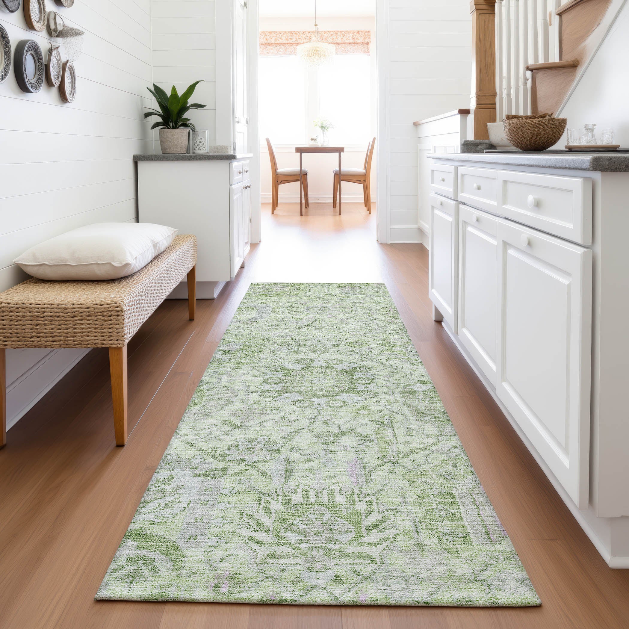 Colombo Machine Washable Traditional Mint Green Rug 2'3" x 7'6" #shape_Runner