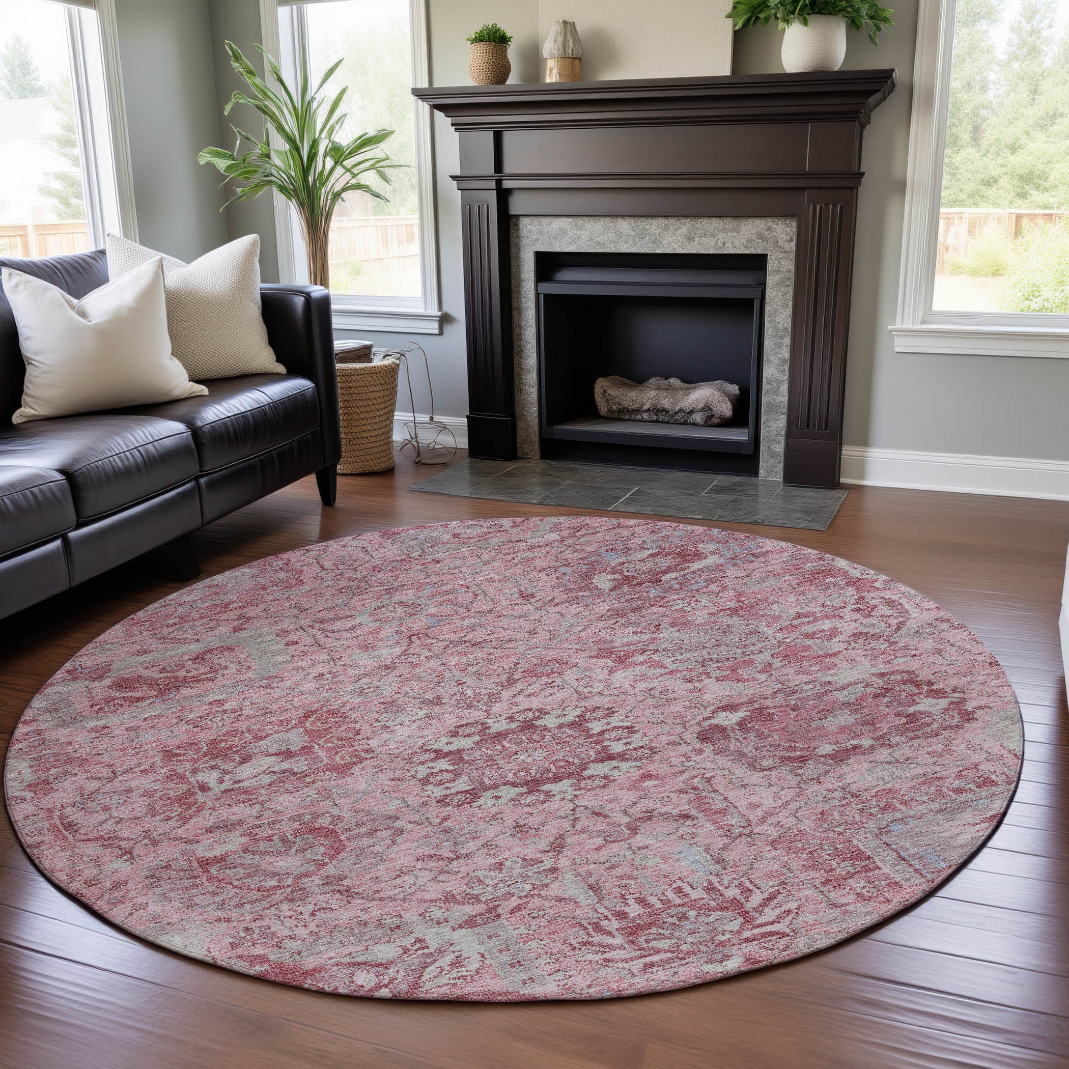 Colombo Machine Washable Traditional Pink Rug 8' x 8' #shape_Round
