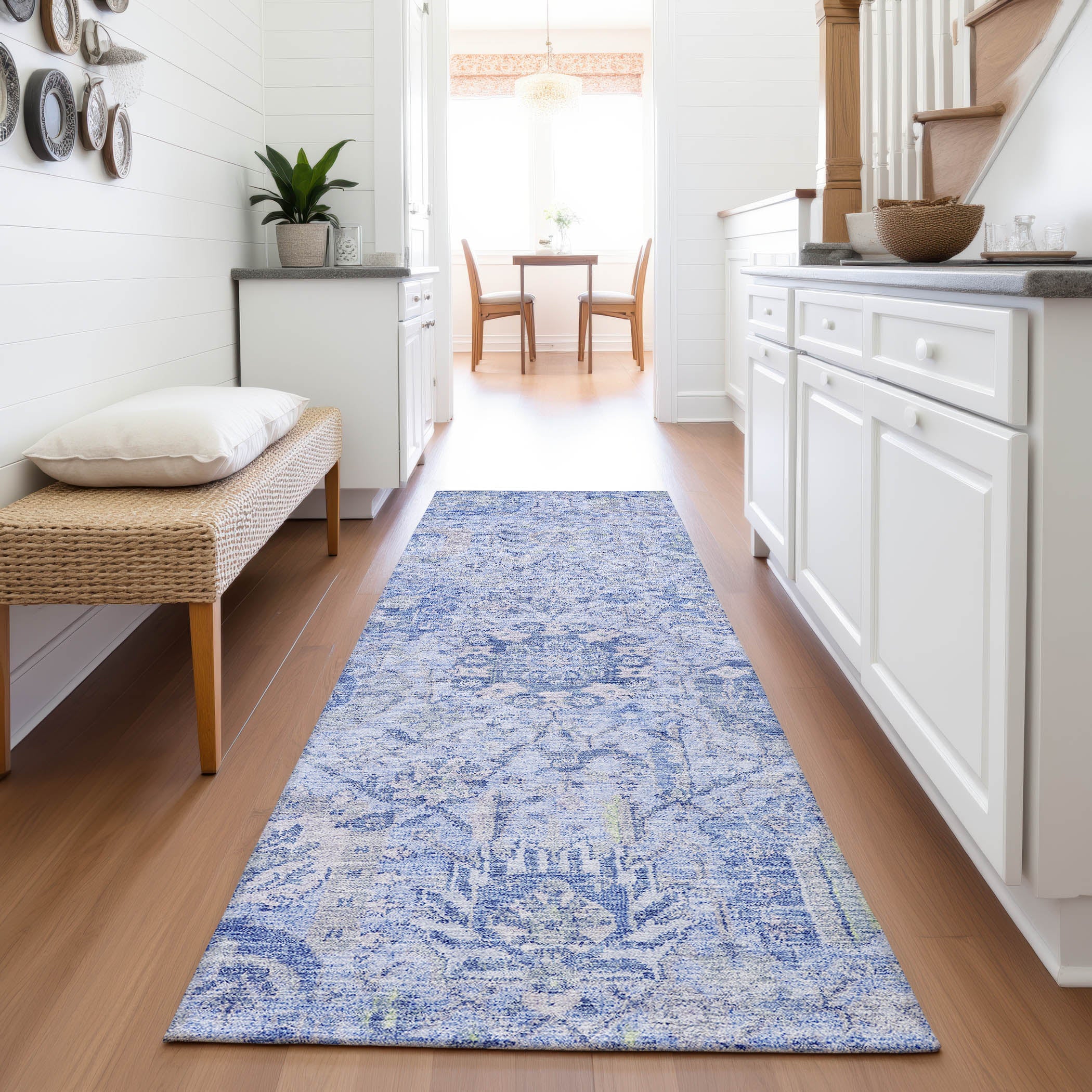 Colombo Machine Washable Traditional Sky Blue Rug 2'3" x 7'6" #shape_Runner