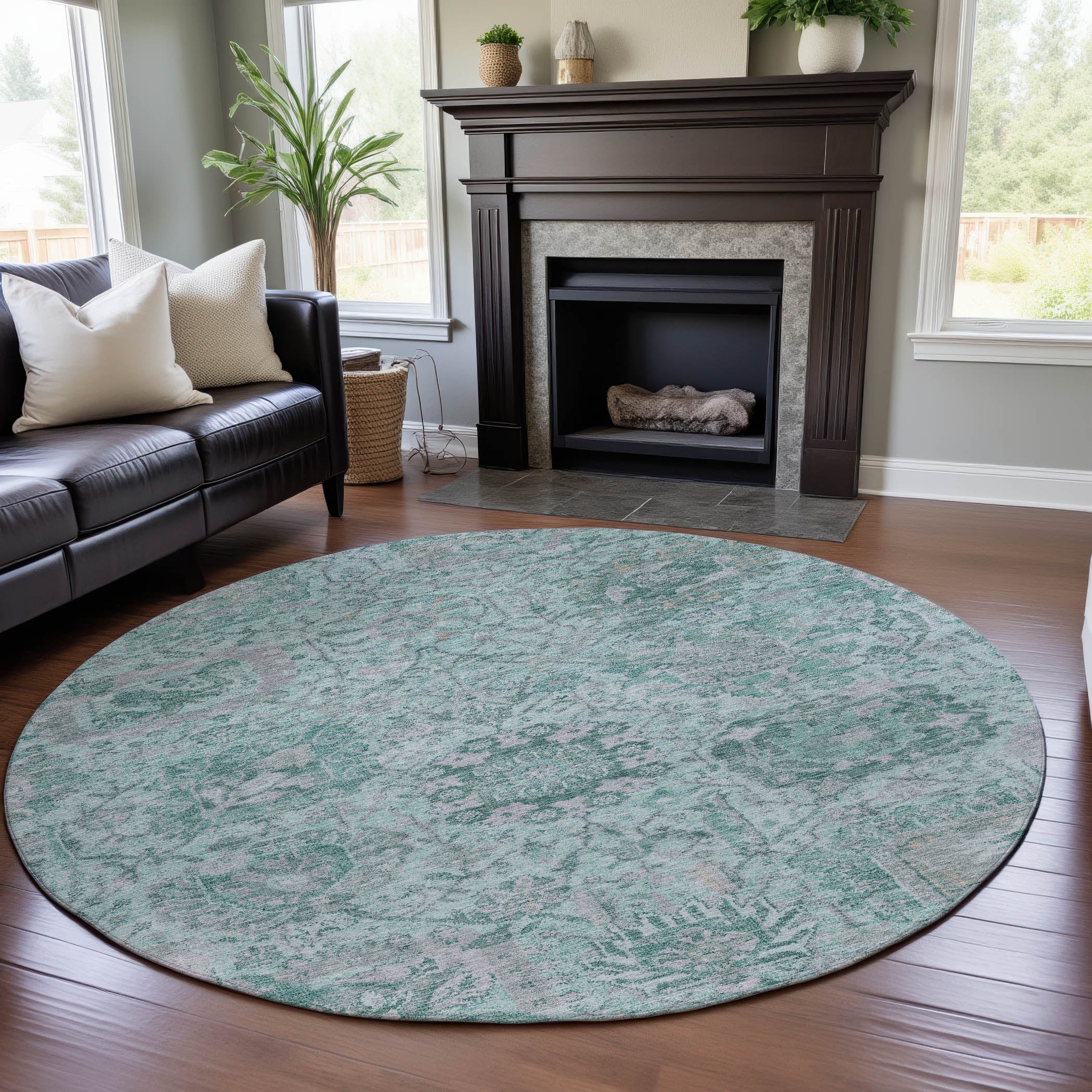 Colombo Machine Washable Traditional Teal Rug 8' x 8' #shape_Round