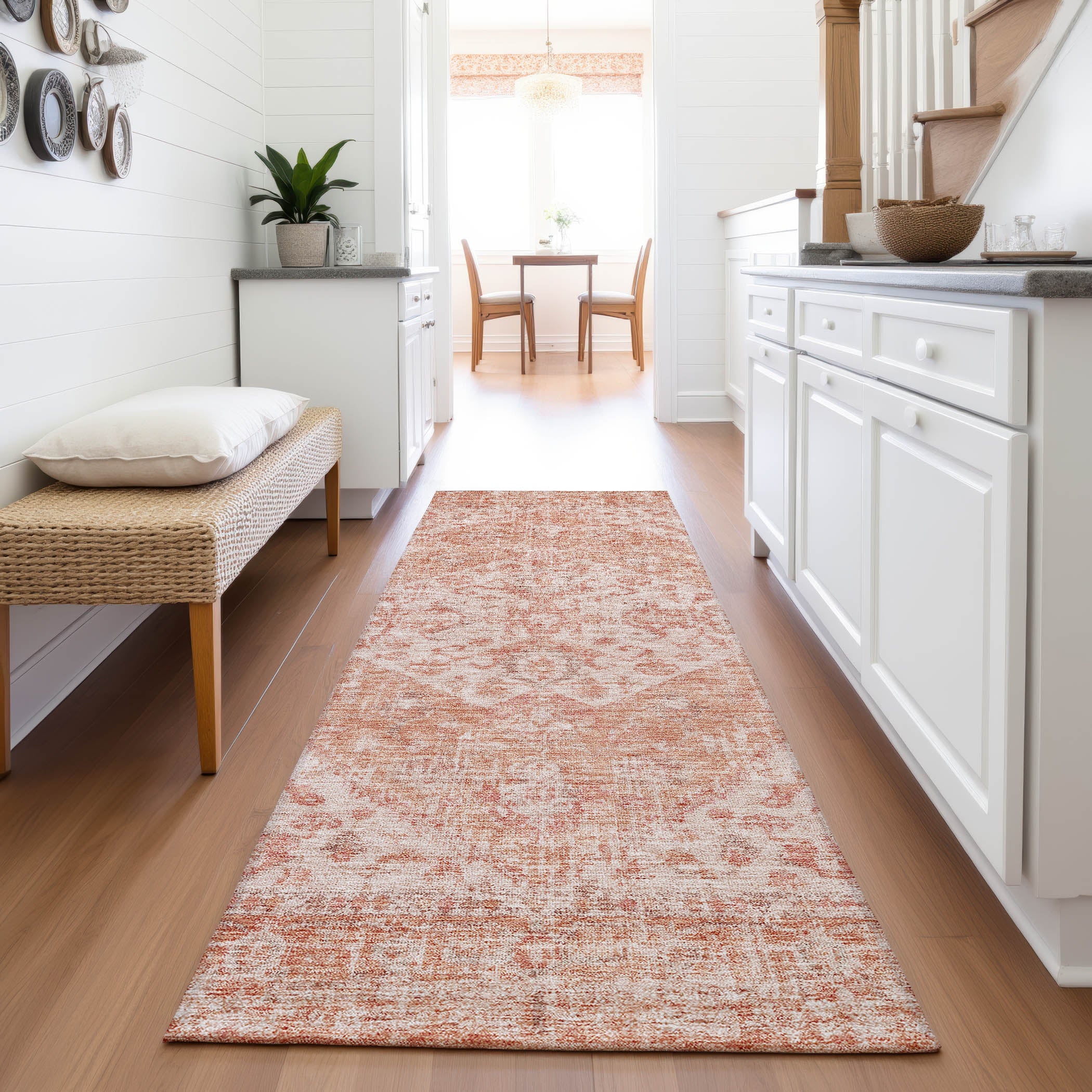 Porto Machine Washable Traditional Coral Orange Rug 2'3" x 7'6" #shape_Runner
