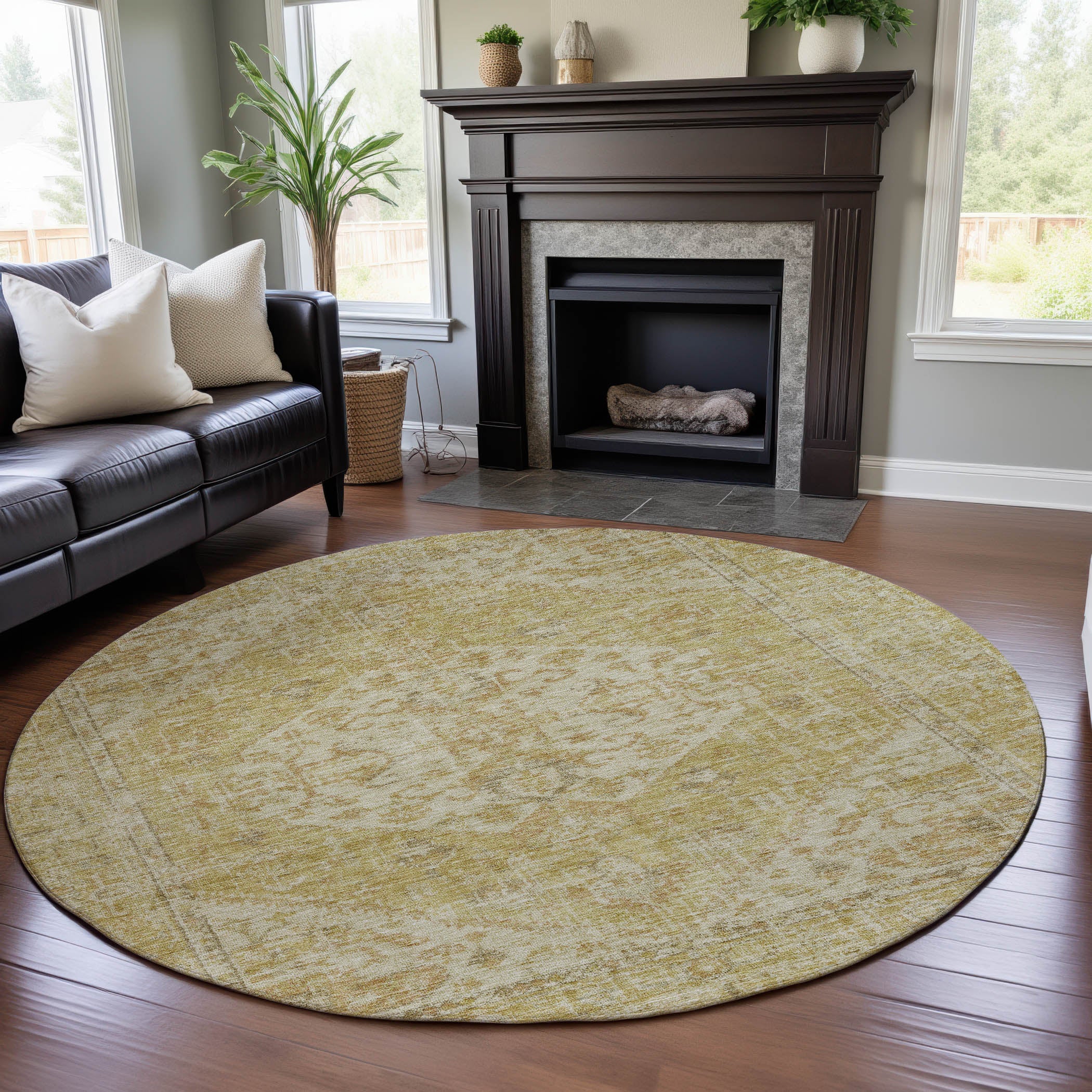Porto Machine Washable Traditional Gold Rug 8' x 8' #shape_Round