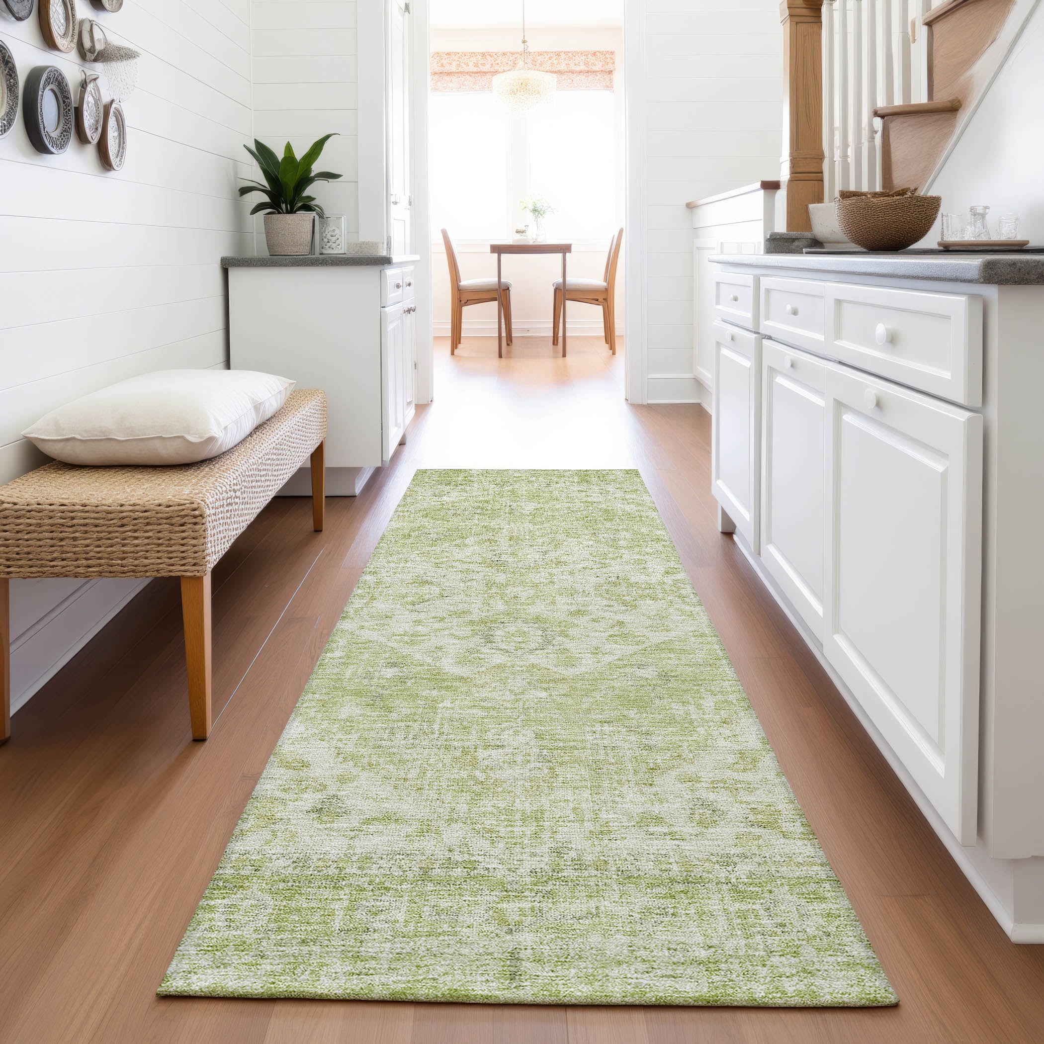 Porto Machine Washable Traditional Sage Green Rug 2'3" x 7'6" #shape_Runner