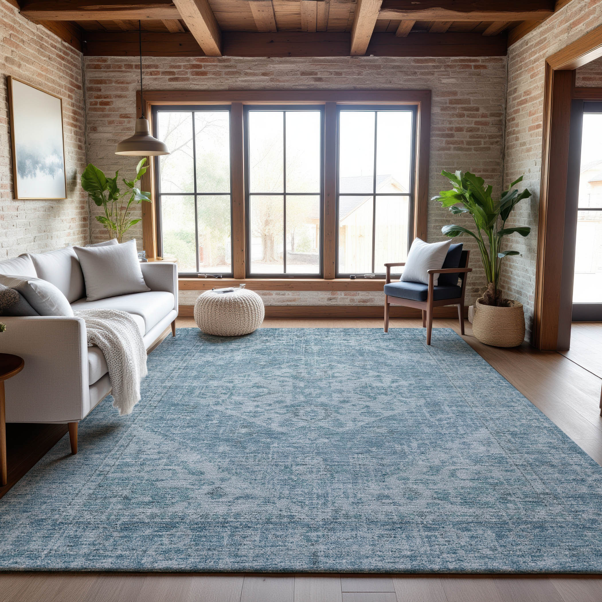 Porto Machine Washable Traditional Sky Blue Rug 2'6" x 3'10" #shape_Rectangle