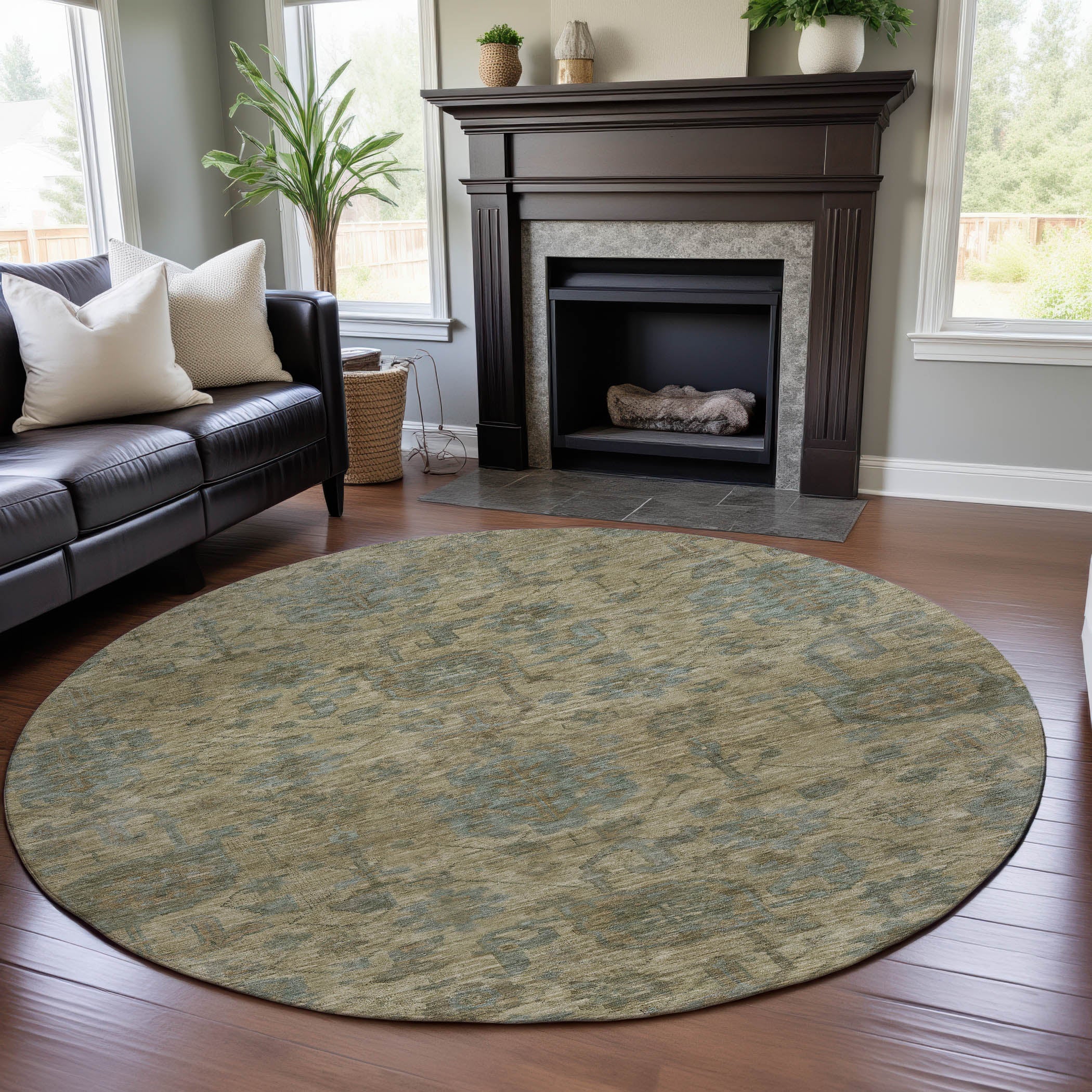 Kotor Machine Washable Traditional Beige Brown Rug 8' x 8' #shape_Round