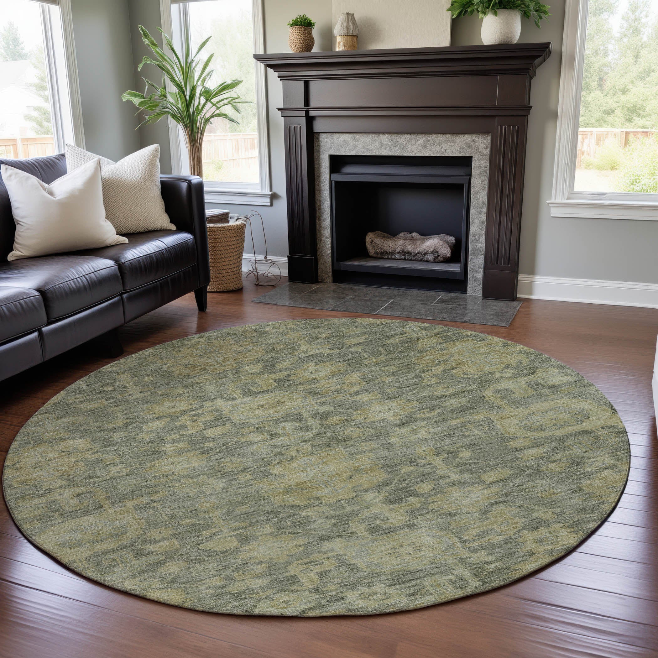 Kotor Machine Washable Traditional Sage Green Rug 8' x 8' #shape_Round