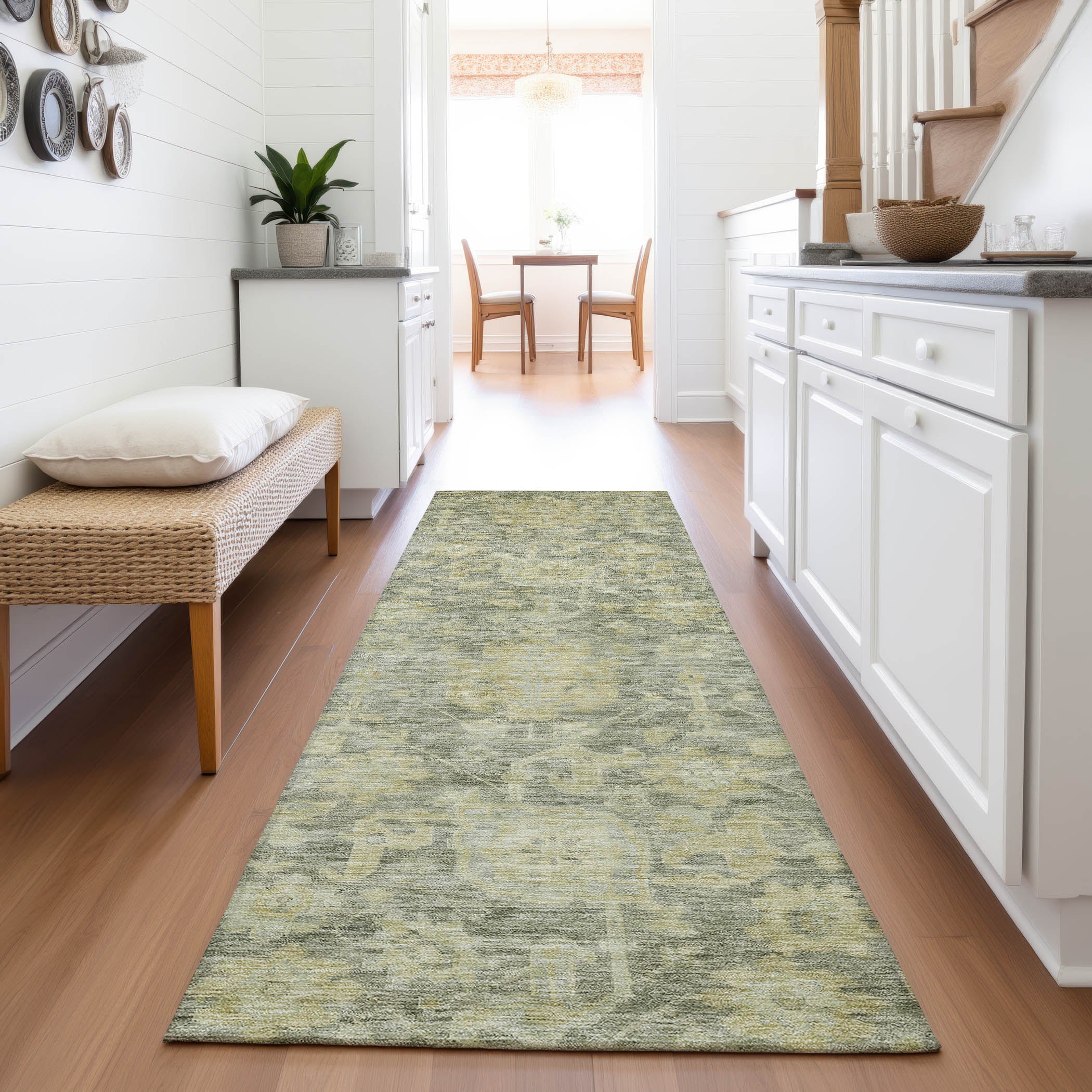 Kotor Machine Washable Traditional Sage Green Rug 2'3" x 7'6" #shape_Runner