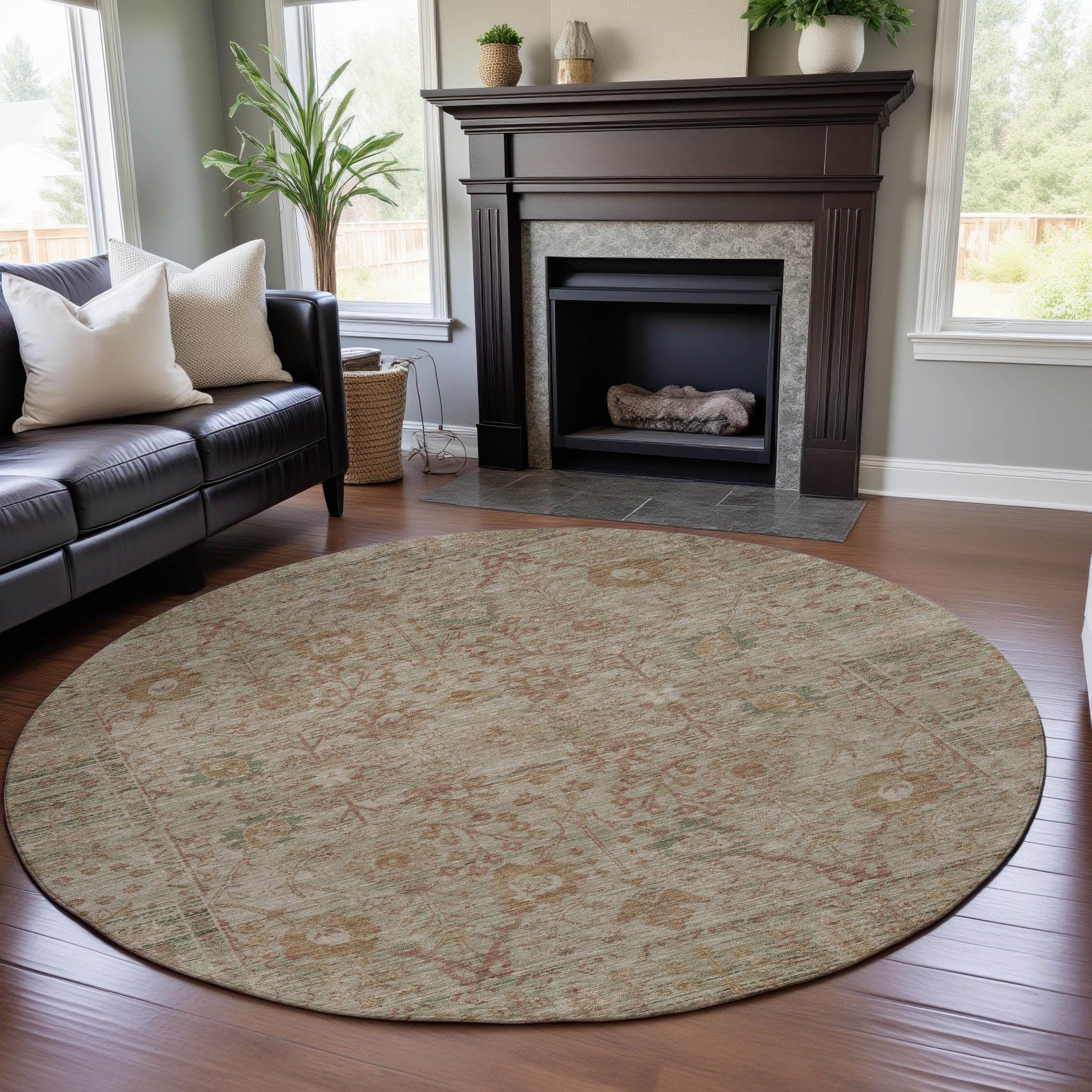 Marrakech Machine Washable Traditional Beige Brown Rug 8' x 8' #shape_Round