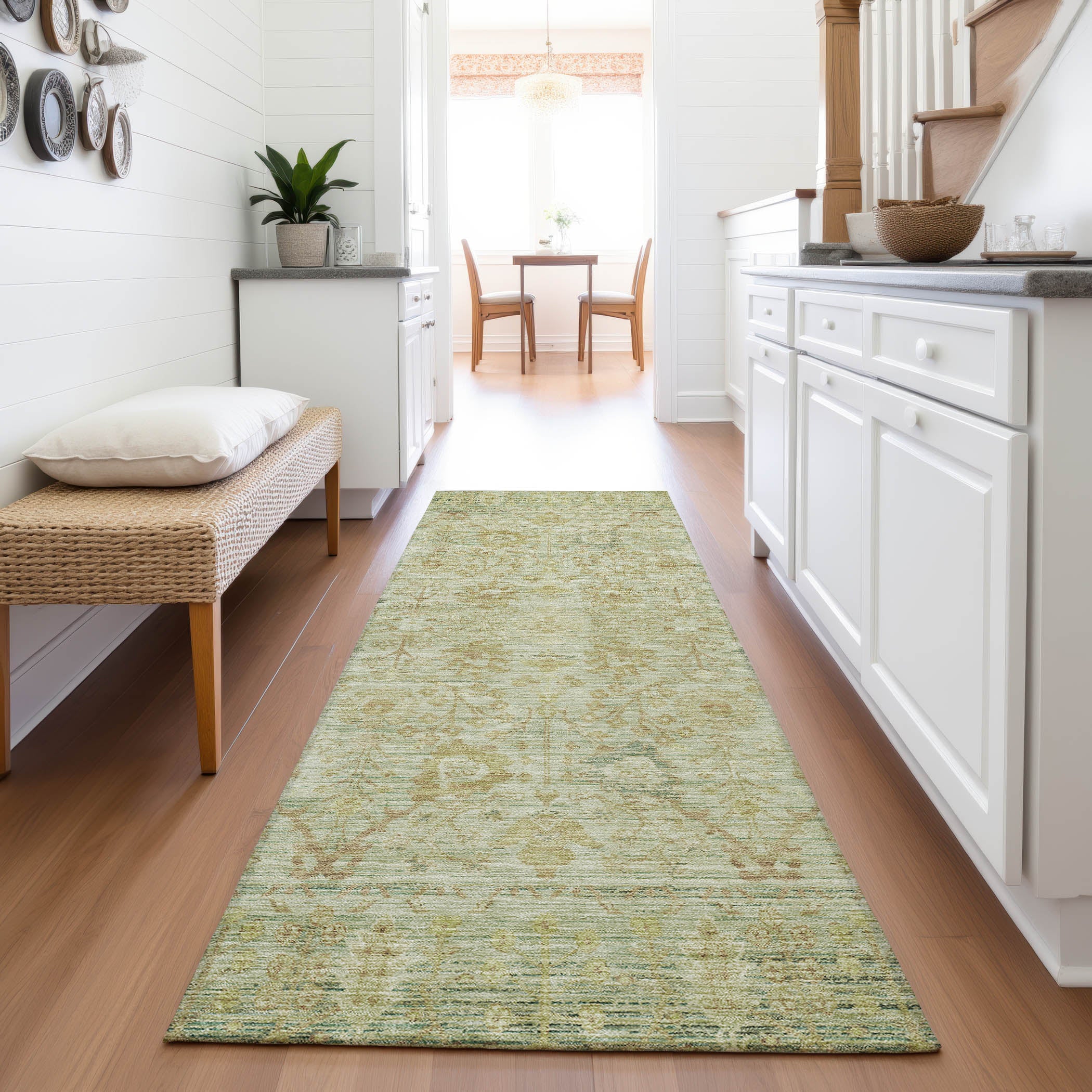 Marrakech Machine Washable Traditional Sage Green Rug 2'3" x 7'6" #shape_Runner