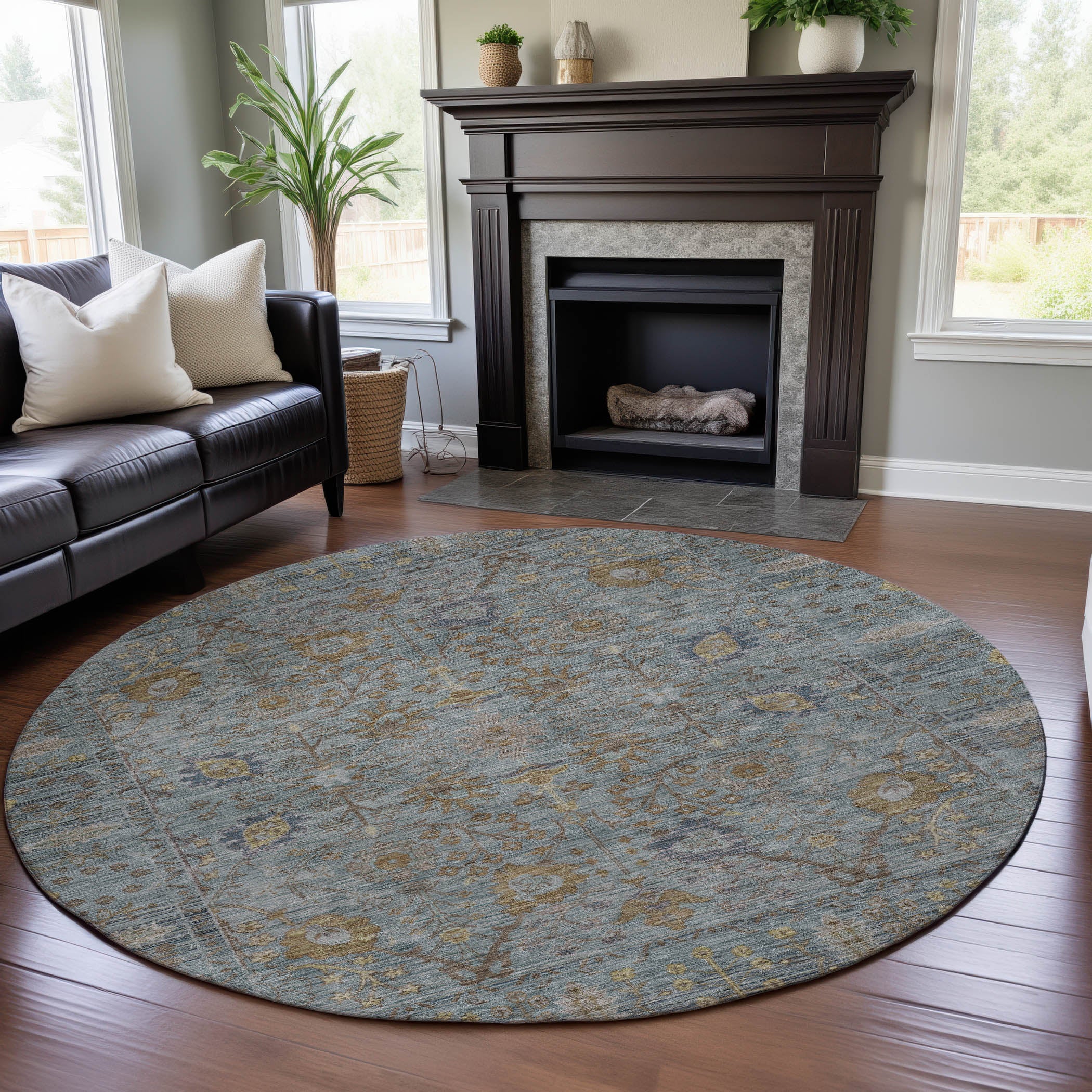 Marrakech Machine Washable Traditional Teal Rug 8' x 8' #shape_Round