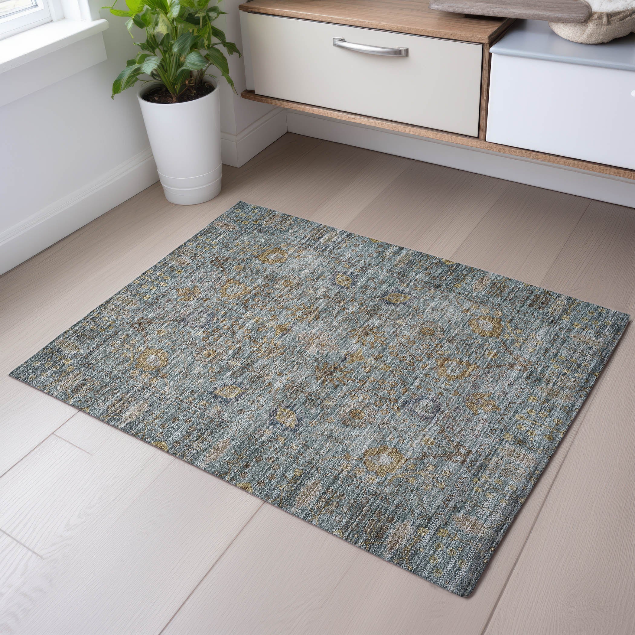 Marrakech Machine Washable Traditional Teal Rug 1'8" x 2'6" #shape_Rectangle