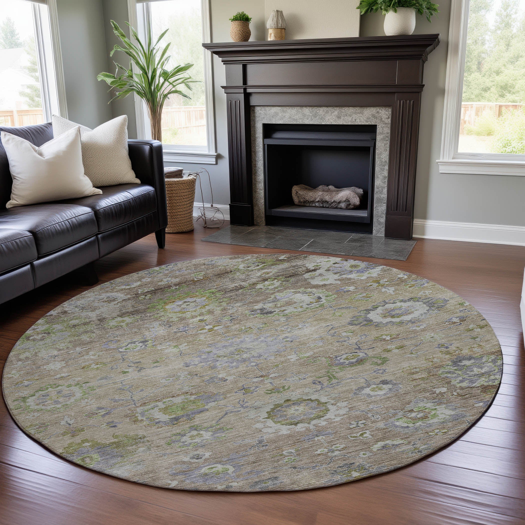Prague Machine Washable Traditional Beige Brown Rug 8' x 8' #shape_Round