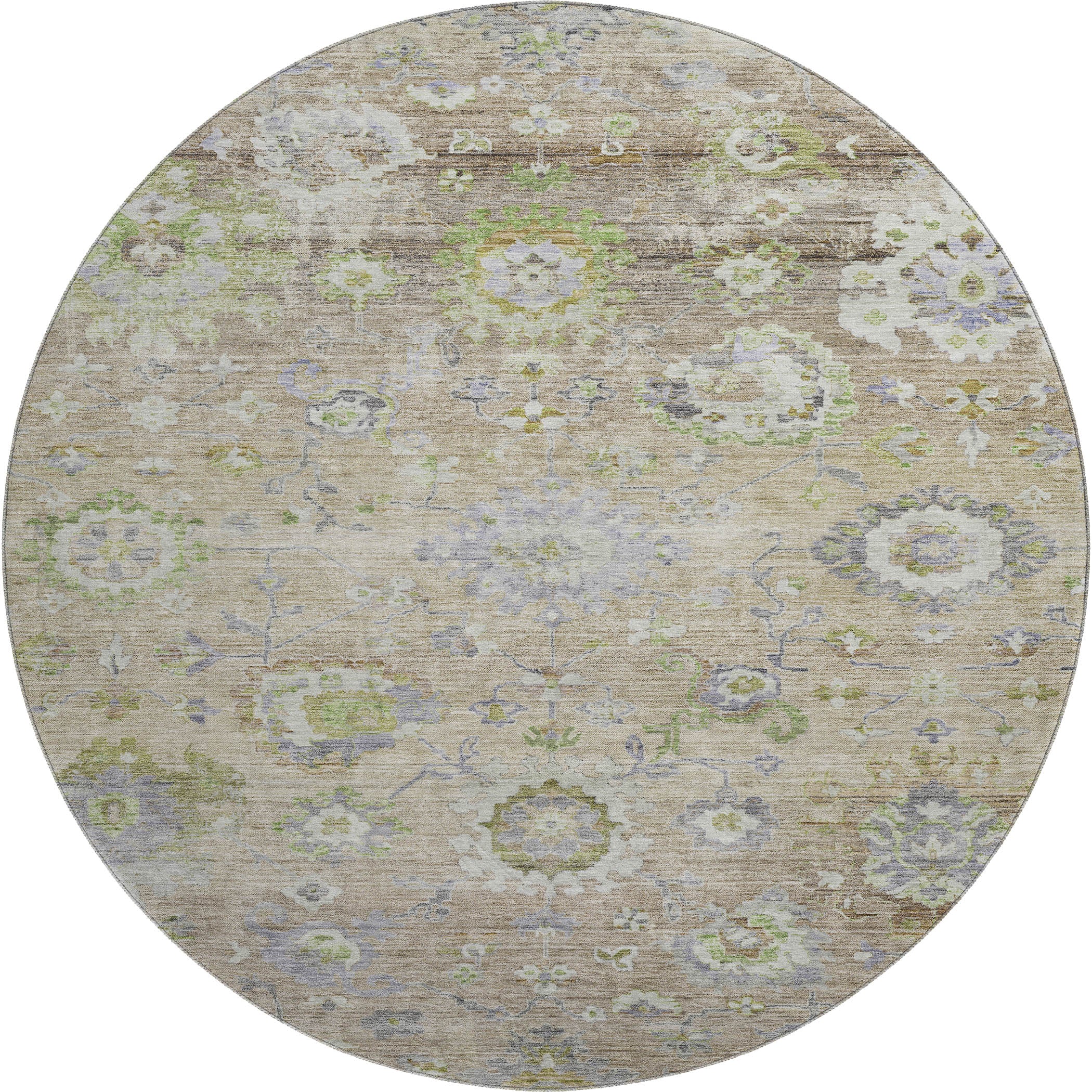 Prague Machine Washable Traditional Beige Brown Rug 8' x 8' #shape_Round