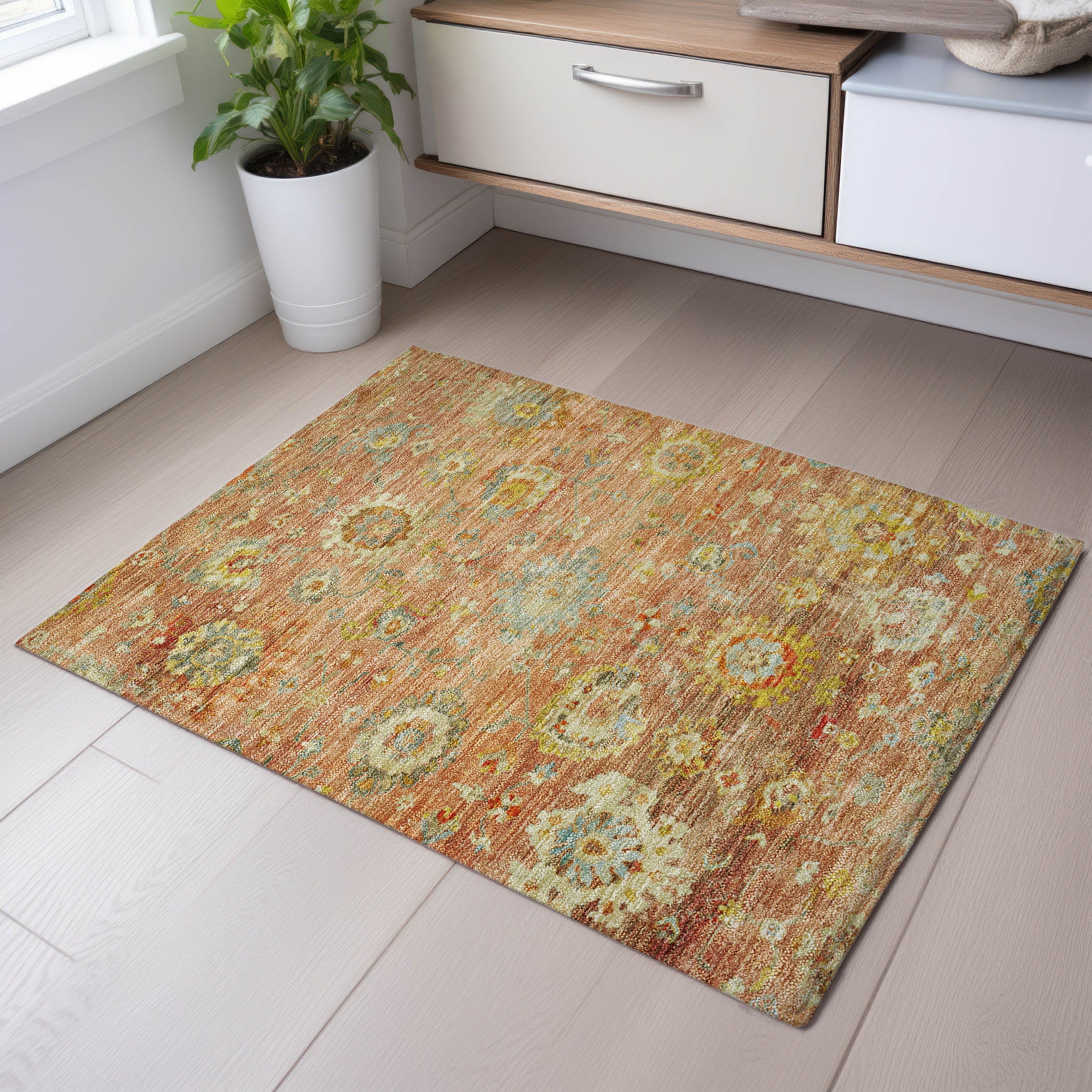Prague Machine Washable Traditional Coral Orange Rug 1'8" x 2'6" #shape_Rectangle