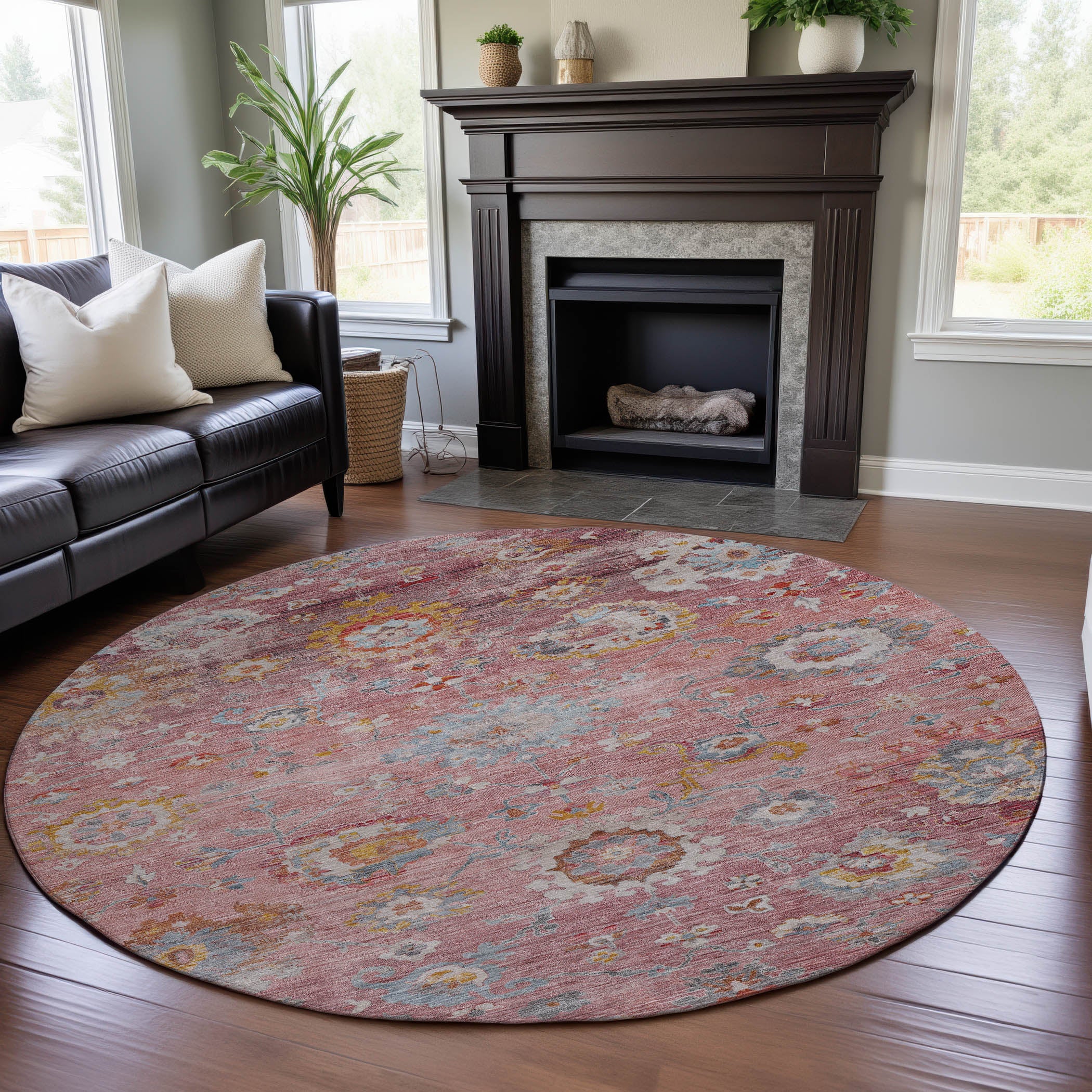 Prague Machine Washable Traditional Pink Rug 8' x 8' #shape_Round