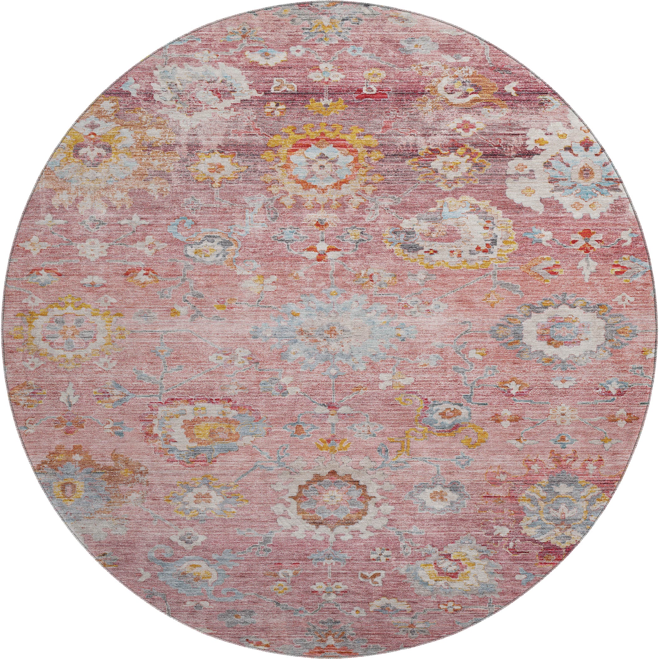Prague Machine Washable Traditional Pink Rug 8' x 8' #shape_Round