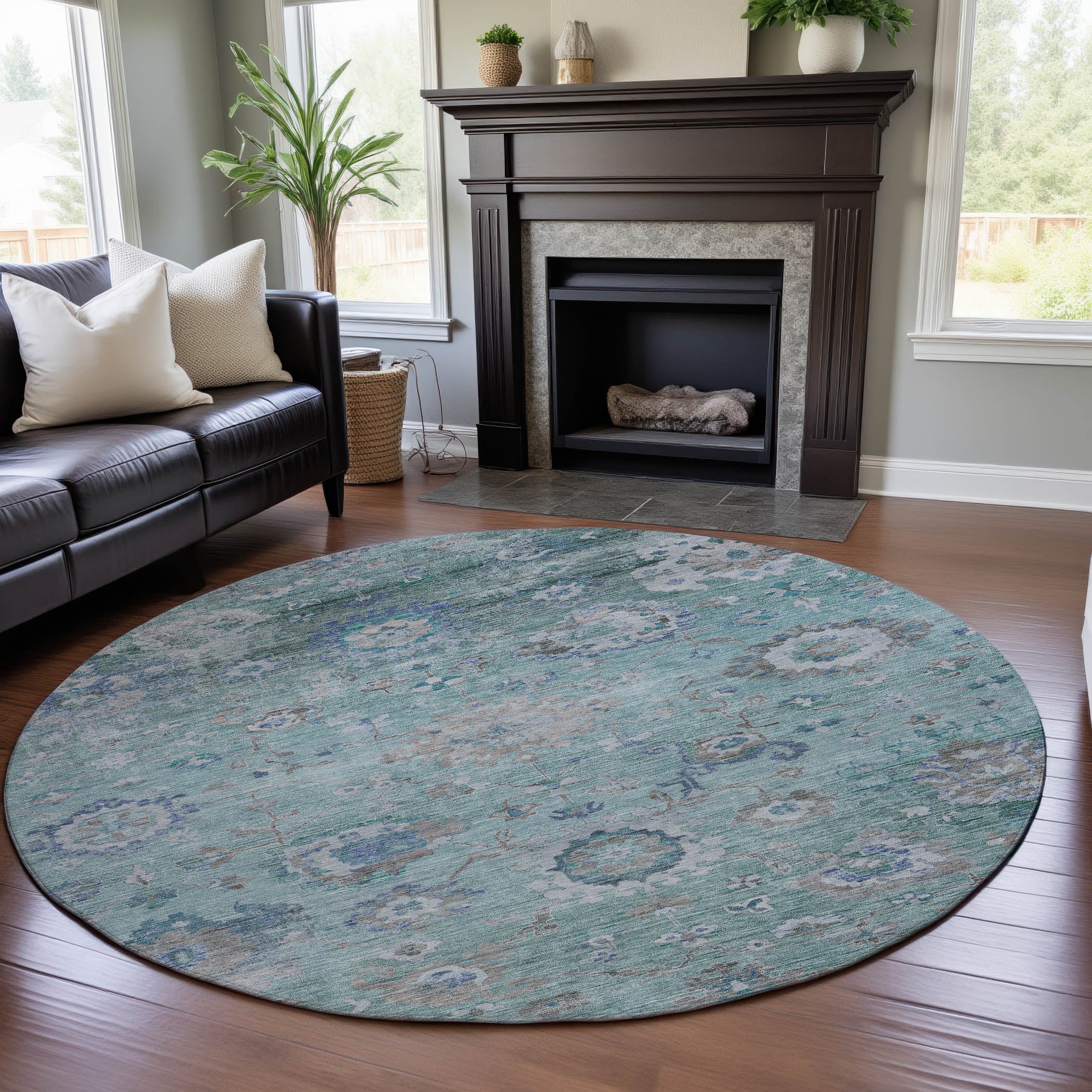 Prague Machine Washable Traditional Seafoam Blue Rug 8' x 8' #shape_Round