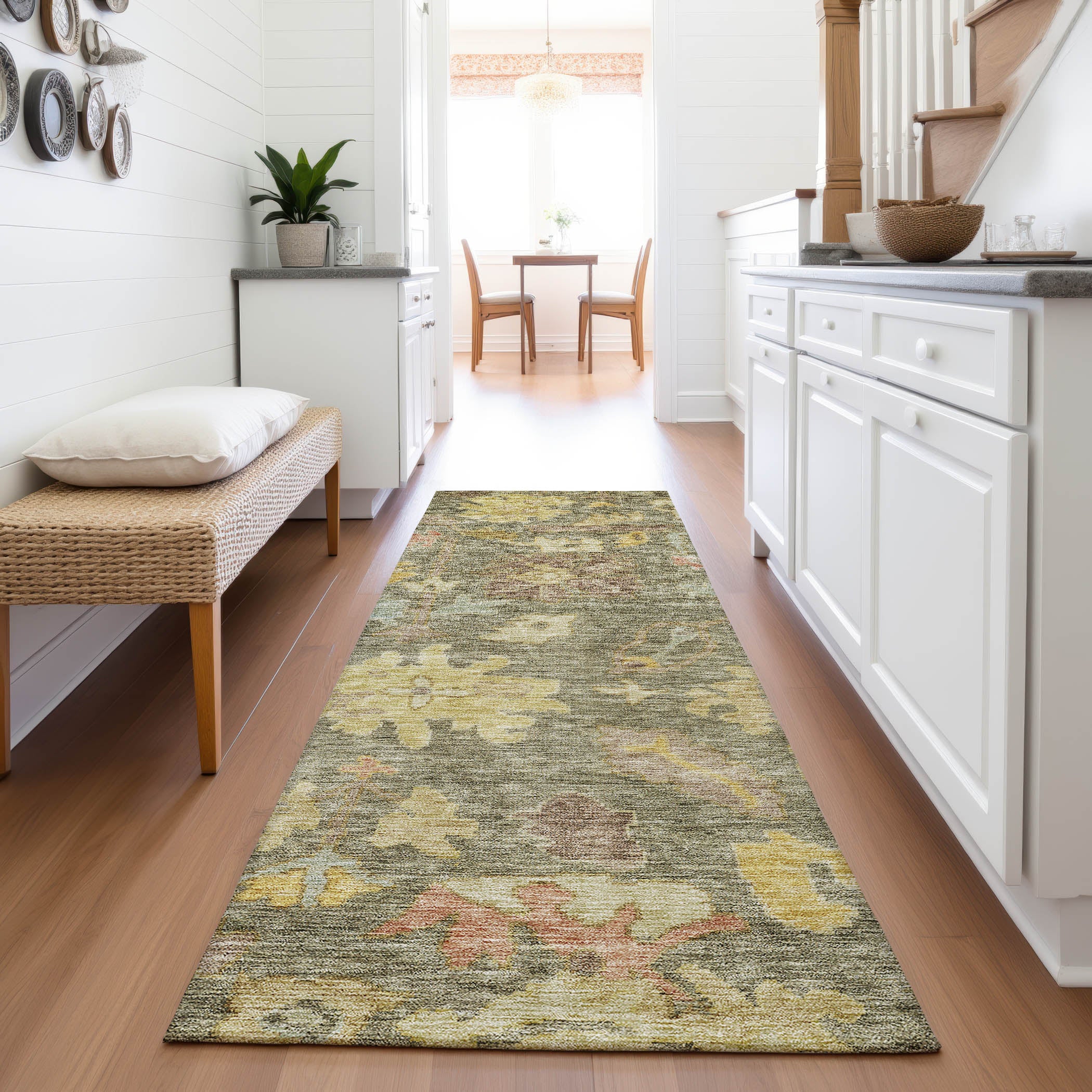 Dubrovnik Machine Washable Traditional Aloe Green Rug 2'3" x 7'6" #shape_Runner