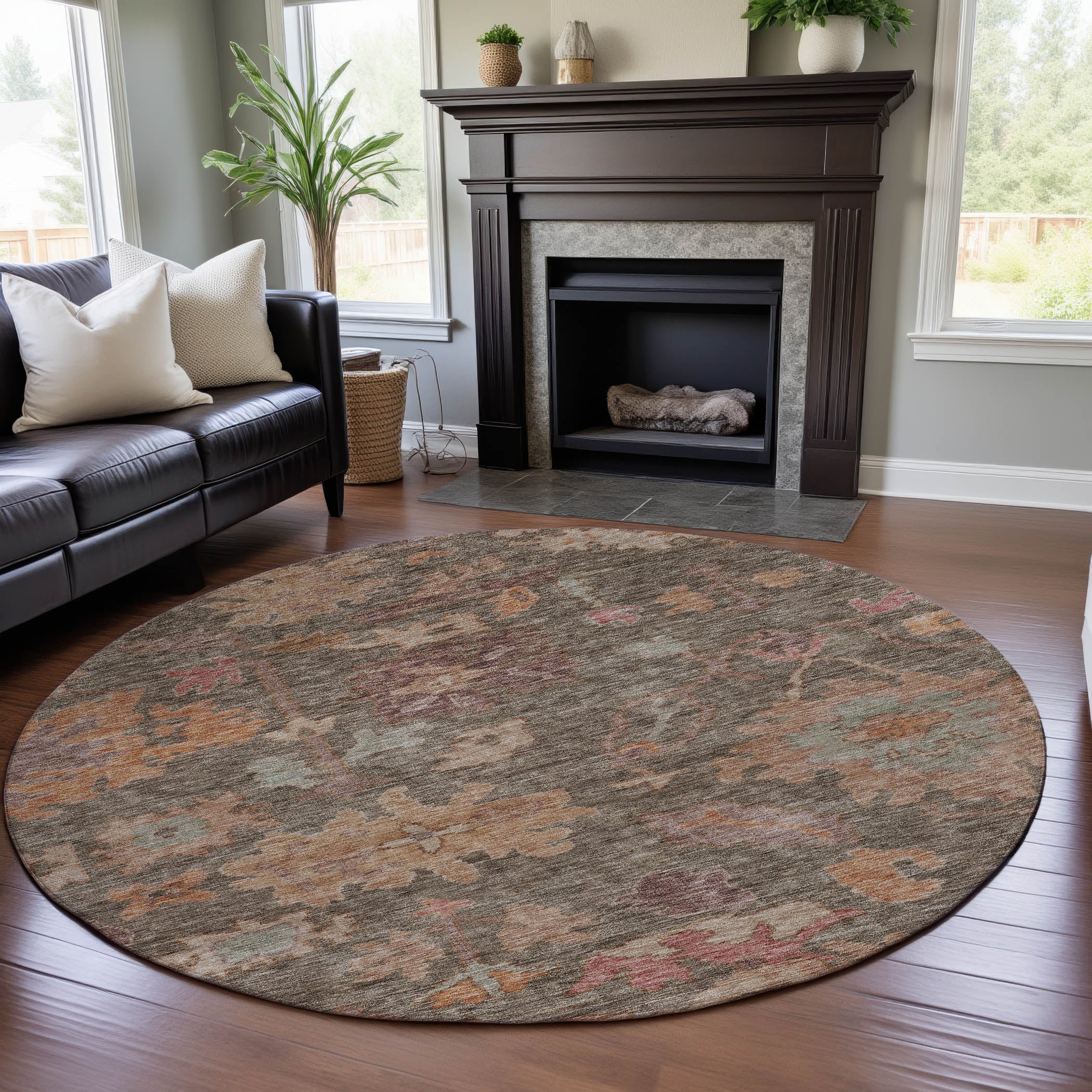 Dubrovnik Machine Washable Traditional Brown Rug 8' x 8' #shape_Round