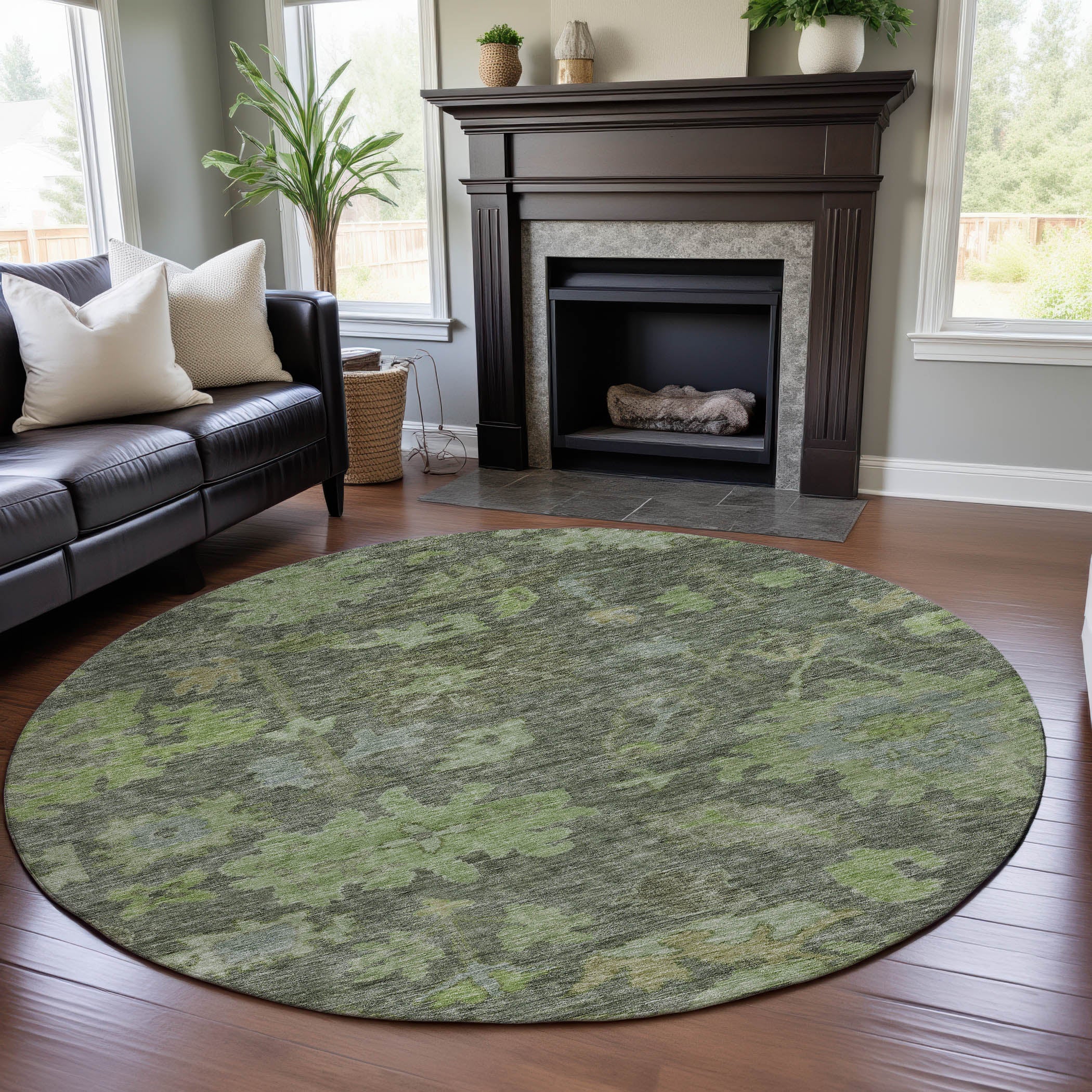 Dubrovnik Machine Washable Traditional Fern Green Rug 8' x 8' #shape_Round