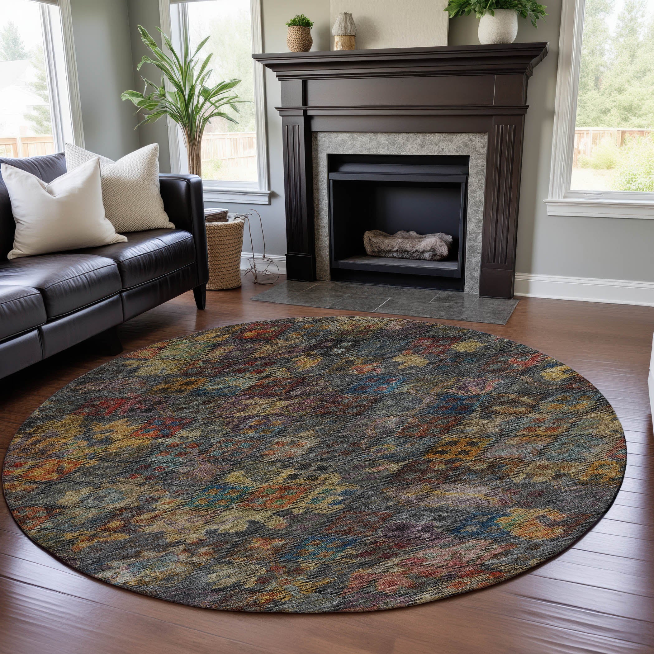 Mostar Machine Washable Traditional Gray Rug 8' x 8' #shape_Round