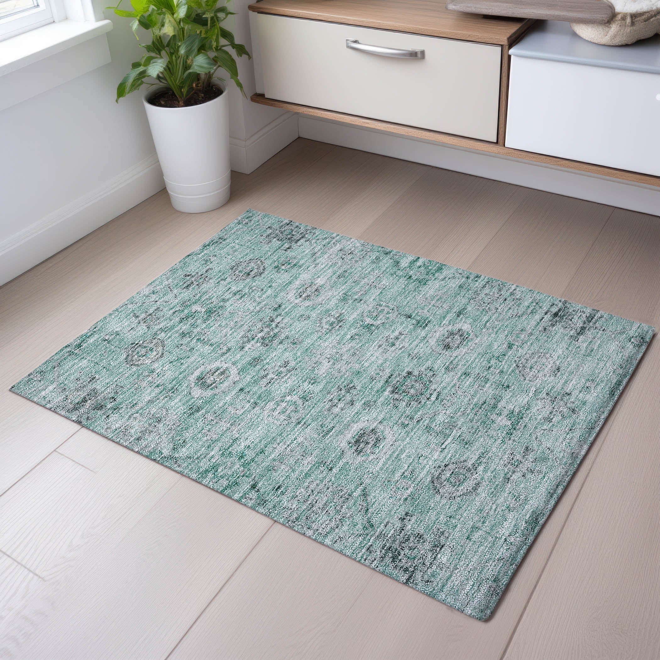 Bogota Machine Washable Traditional Teal Rug 1'8" x 2'6" #shape_Rectangle
