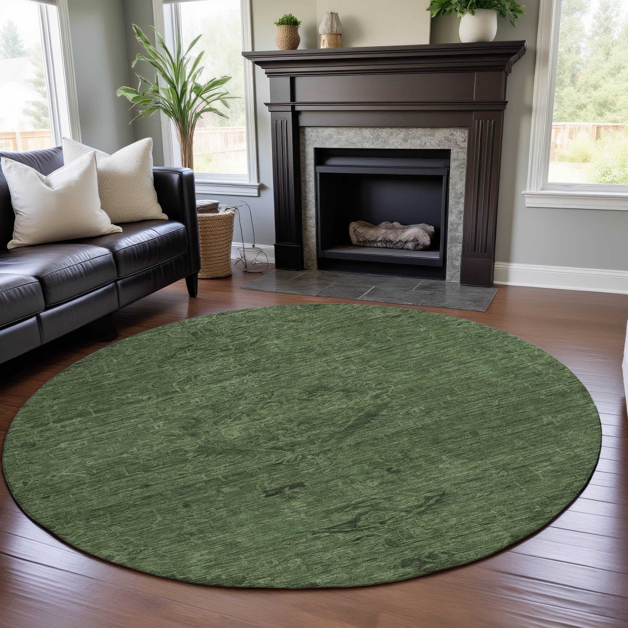 Salzburg Machine Washable Traditional Fern Green Rug 8' x 8' #shape_Round