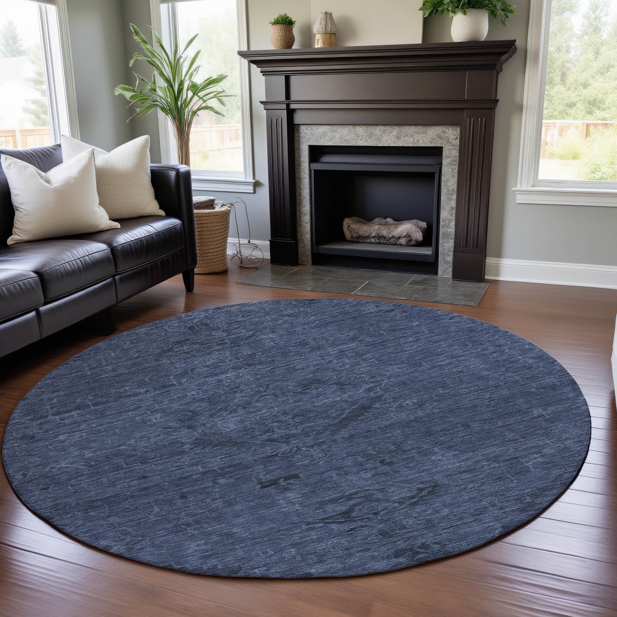 Salzburg Machine Washable Traditional Navy Blue Rug 8' x 8' #shape_Round