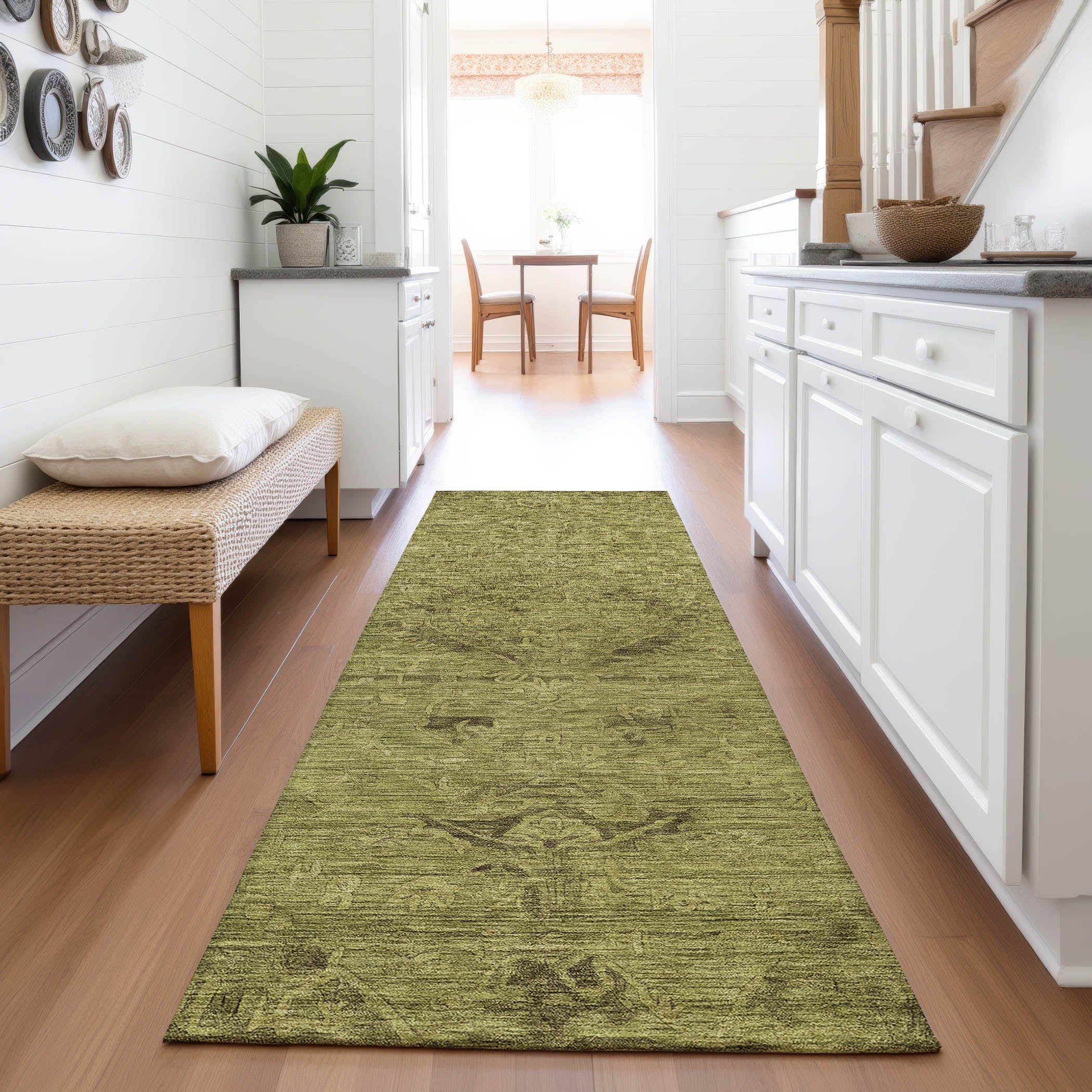 Salzburg Machine Washable Traditional Olive Green Rug 2'3" x 7'6" #shape_Runner