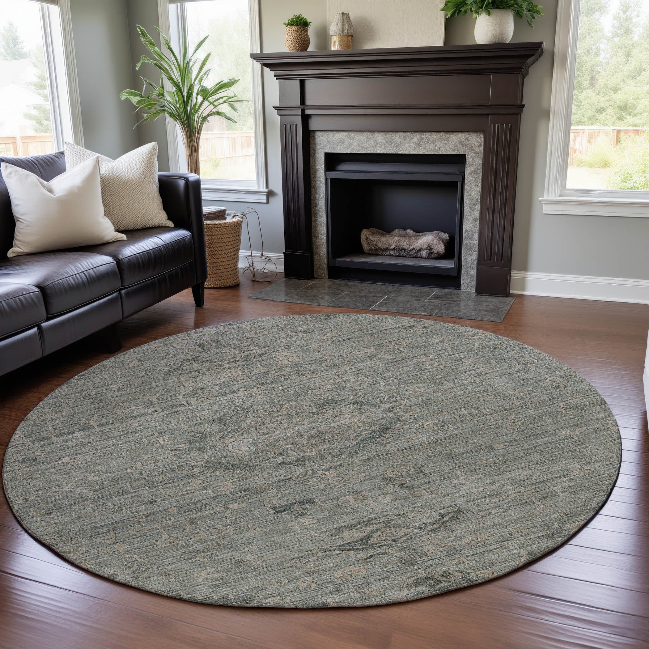 Salzburg Machine Washable Traditional Sage Green Rug 8' x 8' #shape_Round