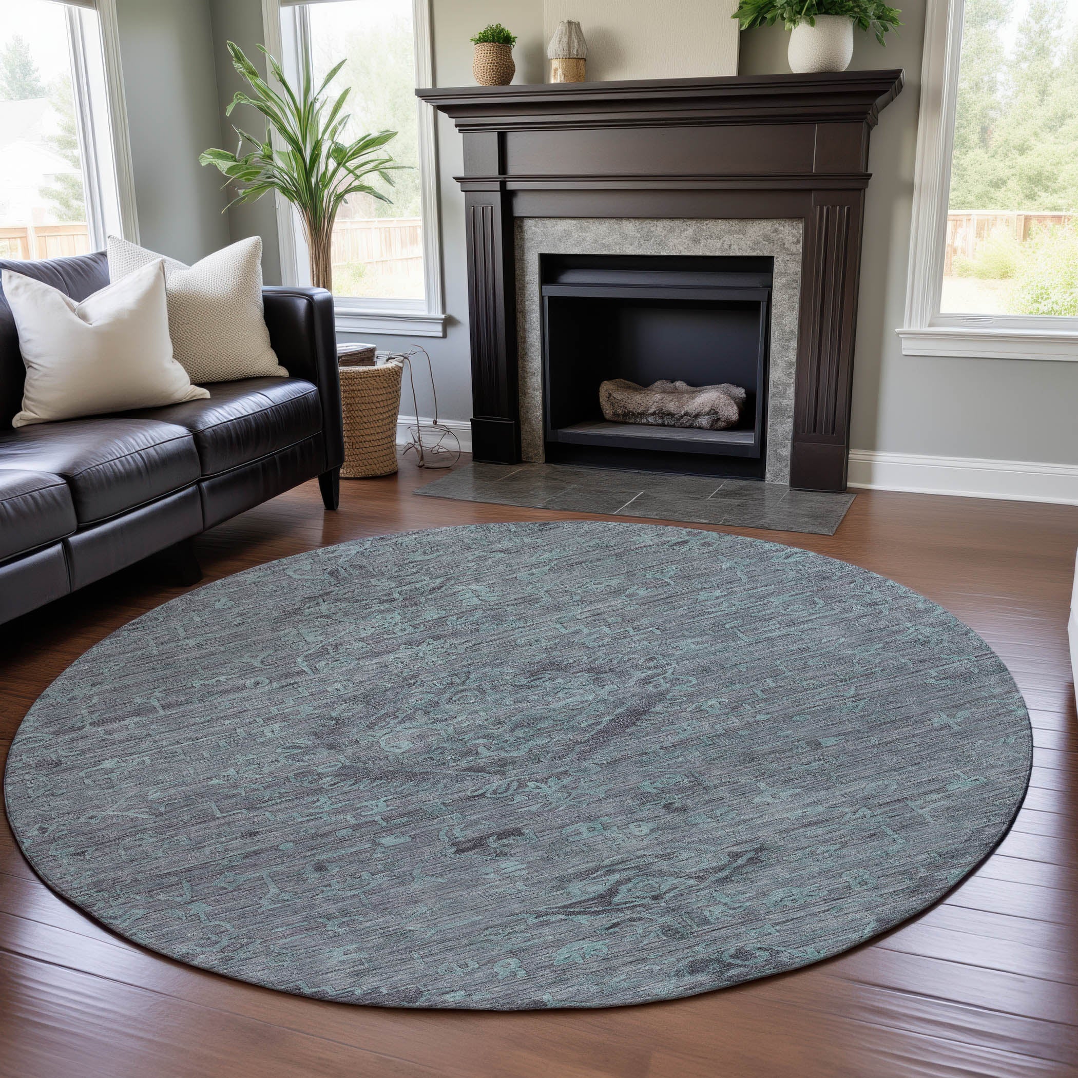 Salzburg Machine Washable Traditional Teal Rug 8' x 8' #shape_Round