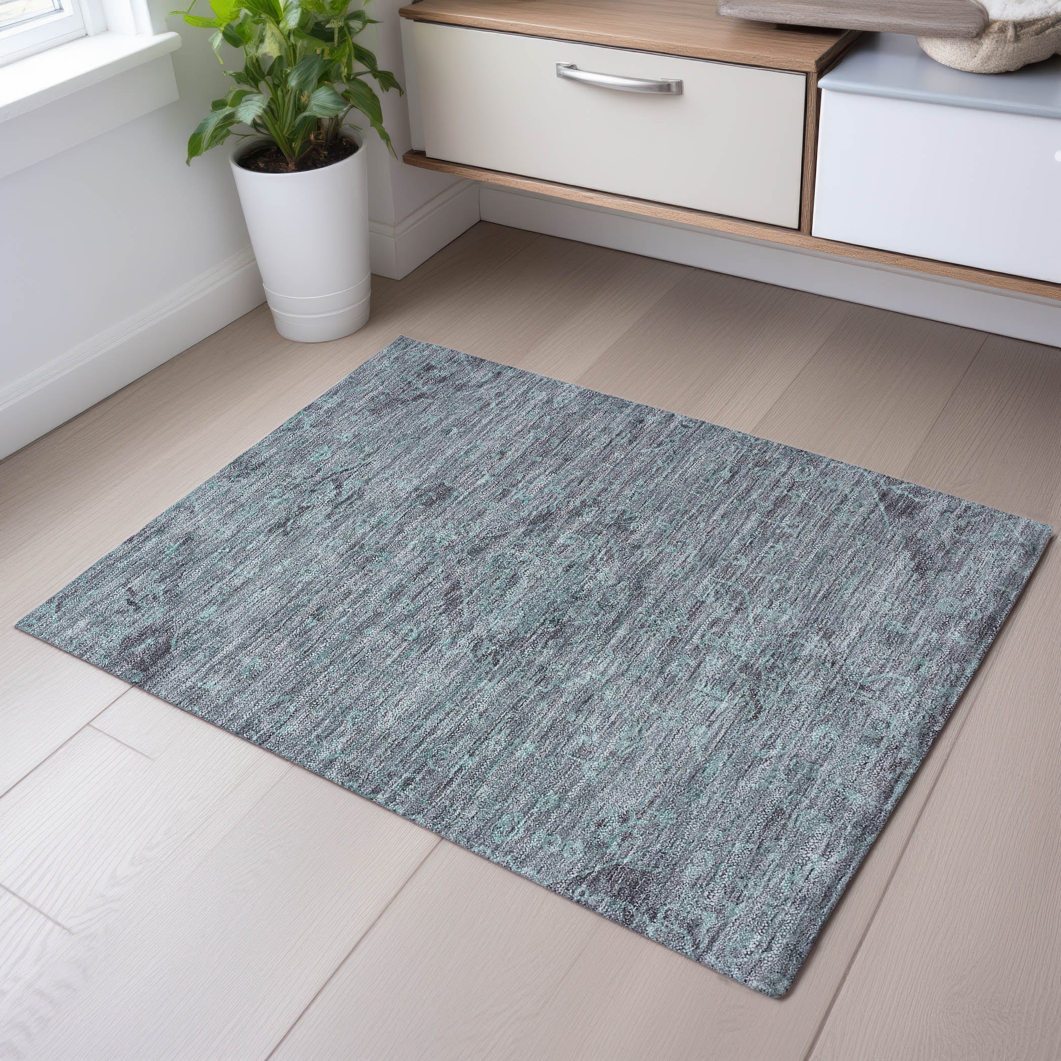 Salzburg Machine Washable Traditional Teal Rug 1'8" x 2'6" #shape_Rectangle