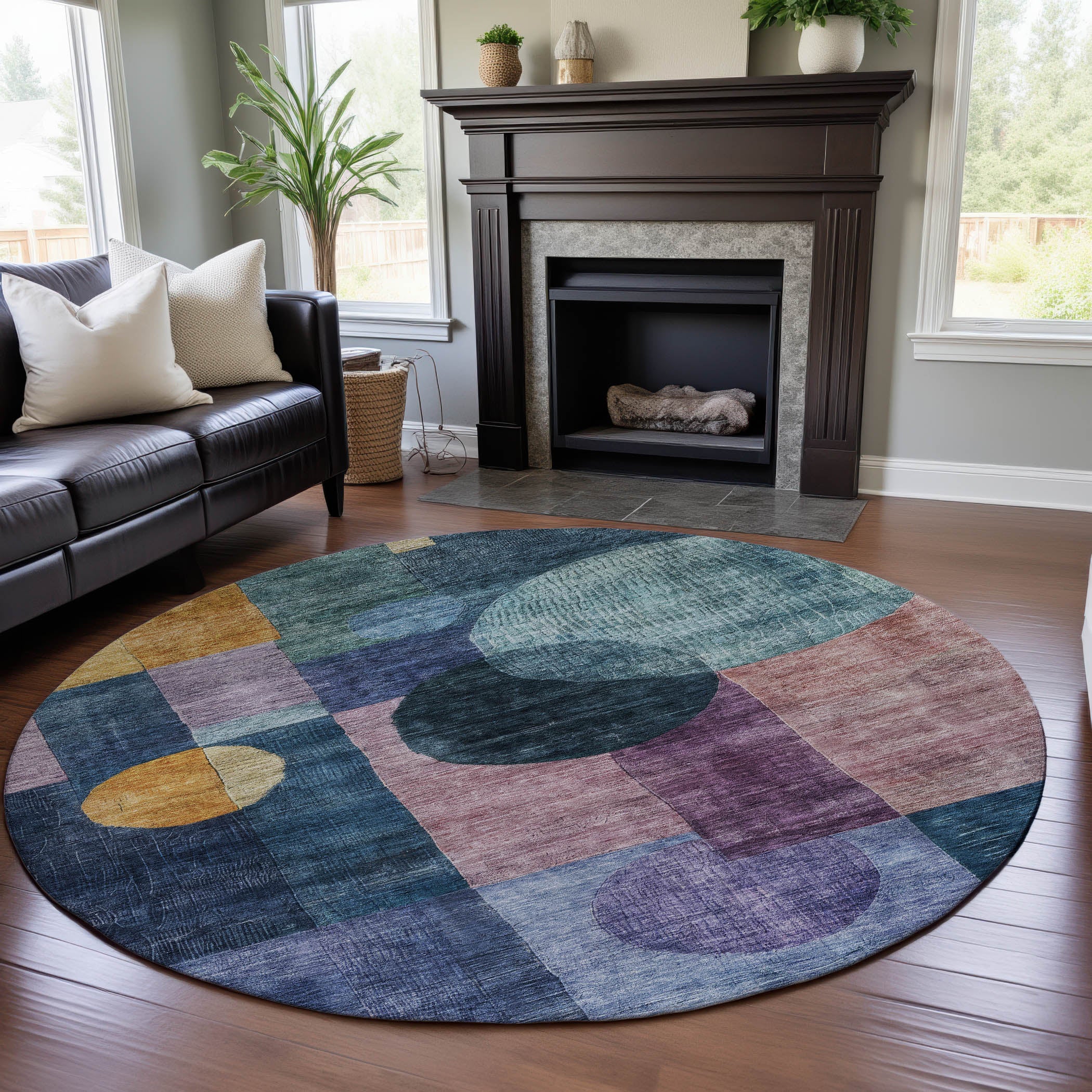 Lucerne Machine Washable Transitional Blue Rug 8' x 8' #shape_Round