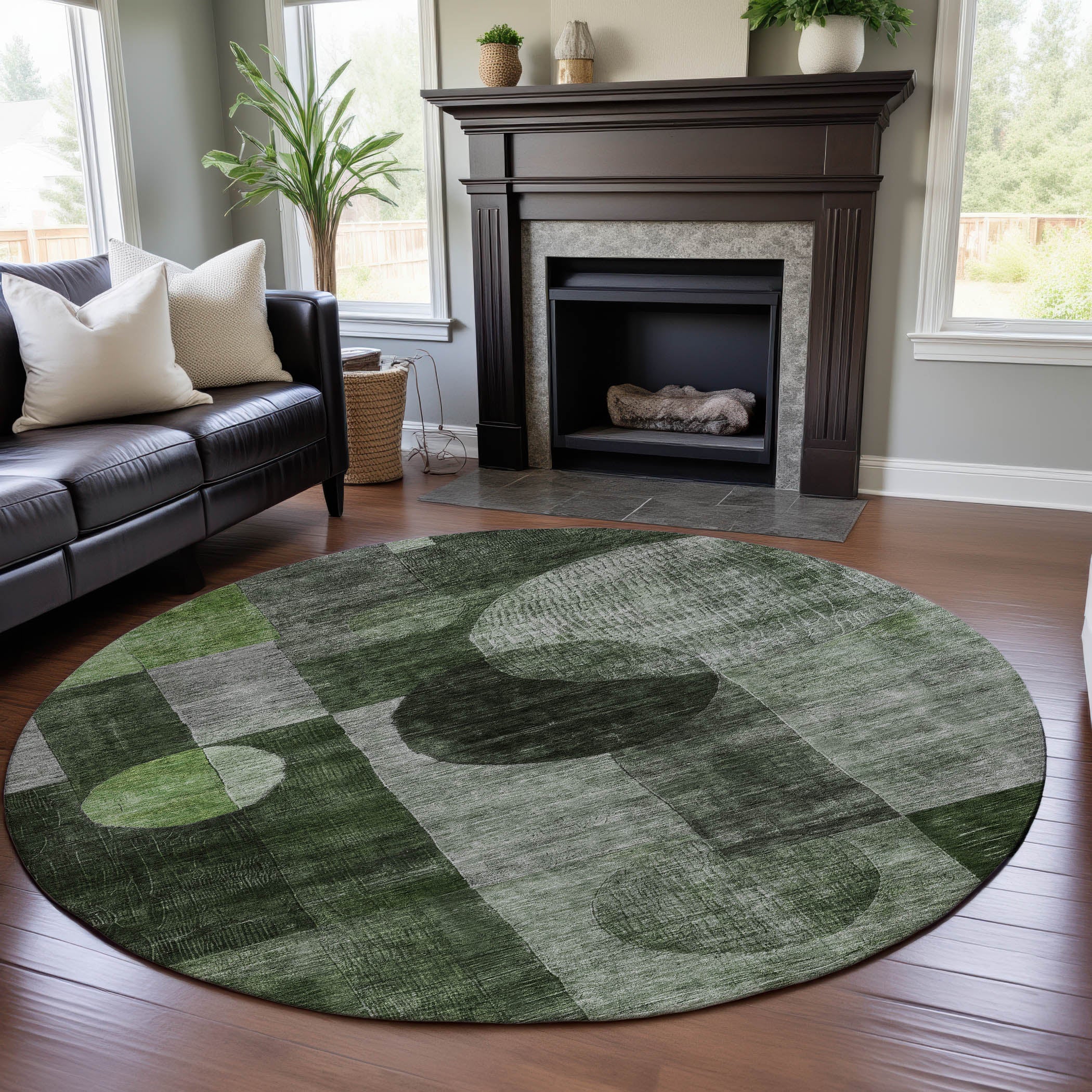Lucerne Machine Washable Transitional Fern Green Rug 8' x 8' #shape_Round