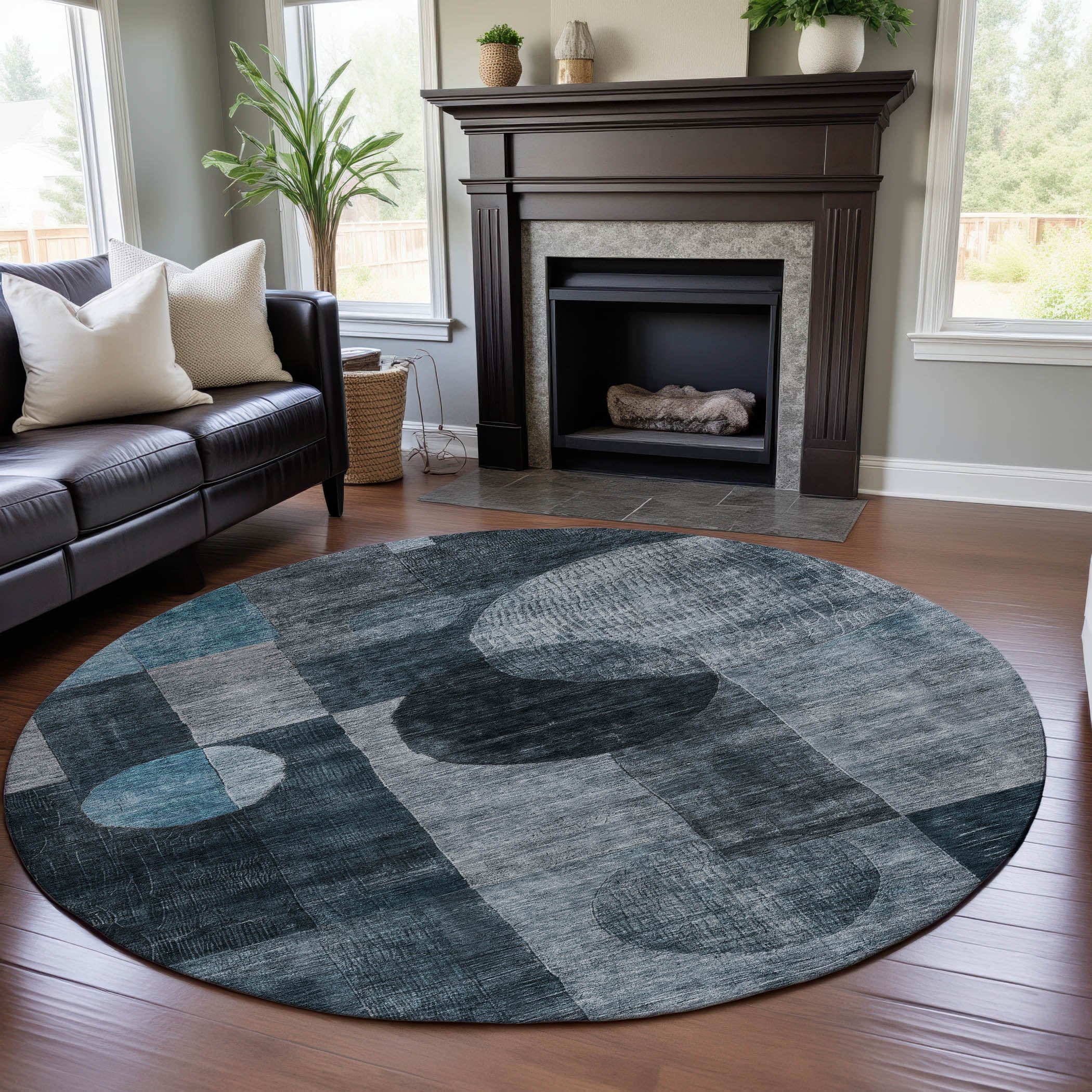 Lucerne Machine Washable Transitional Teal Rug 8' x 8' #shape_Round