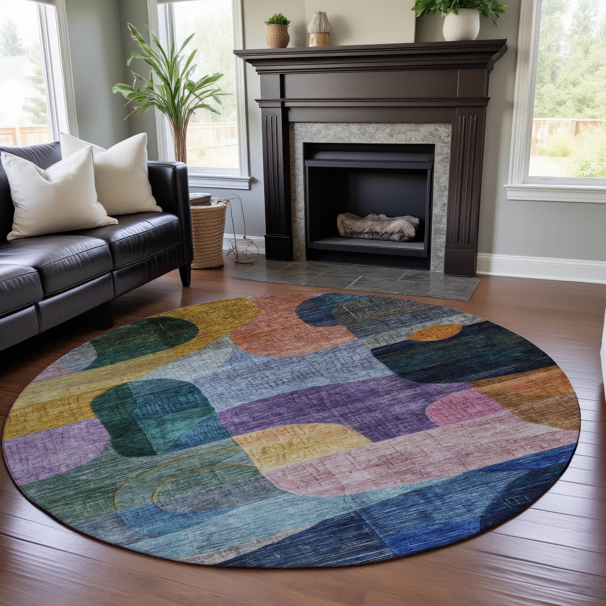 Nairobi Machine Washable Transitional Blue Rug 8' x 8' #shape_Round