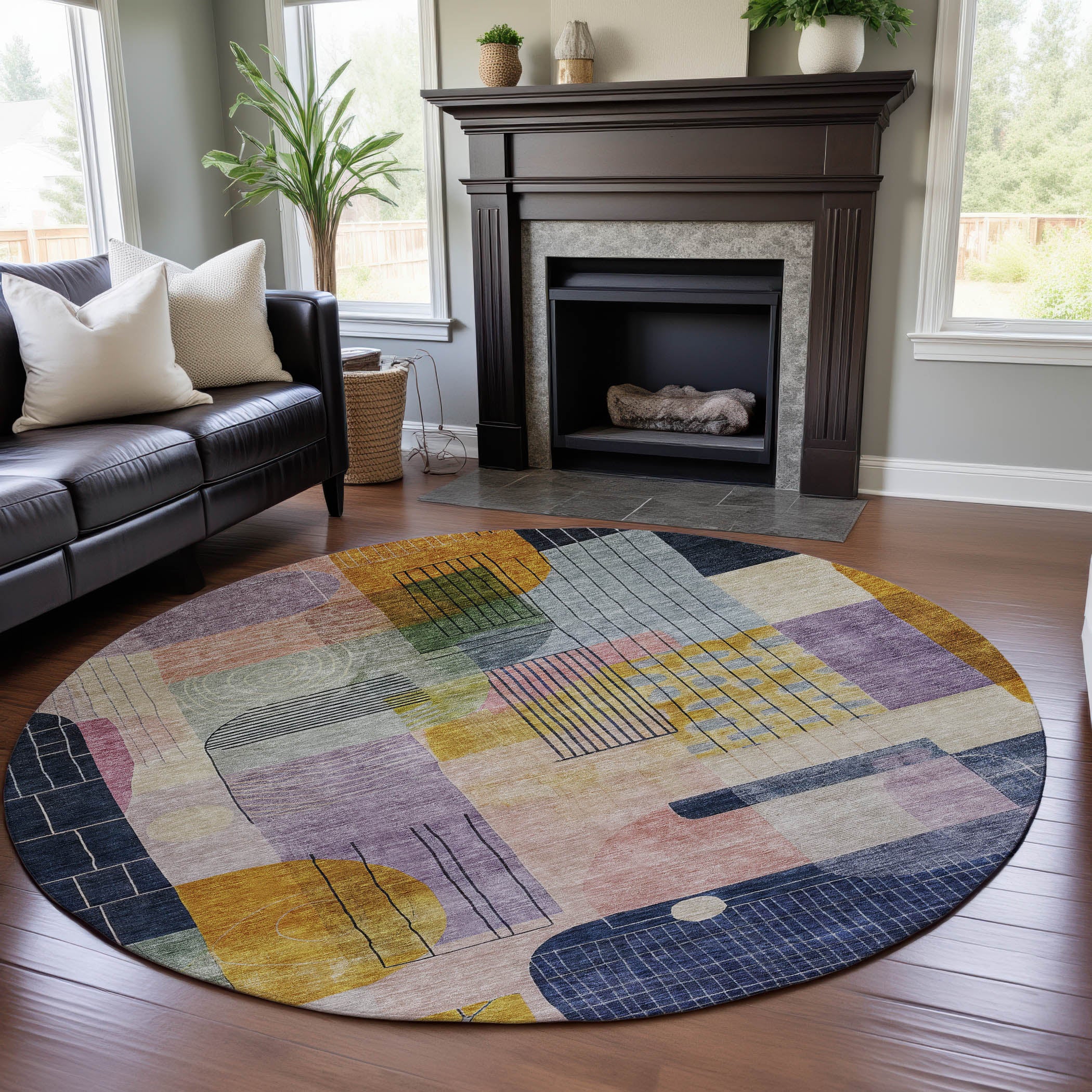 Santorini Machine Washable Transitional Plum Purple Rug 8' x 8' #shape_Round