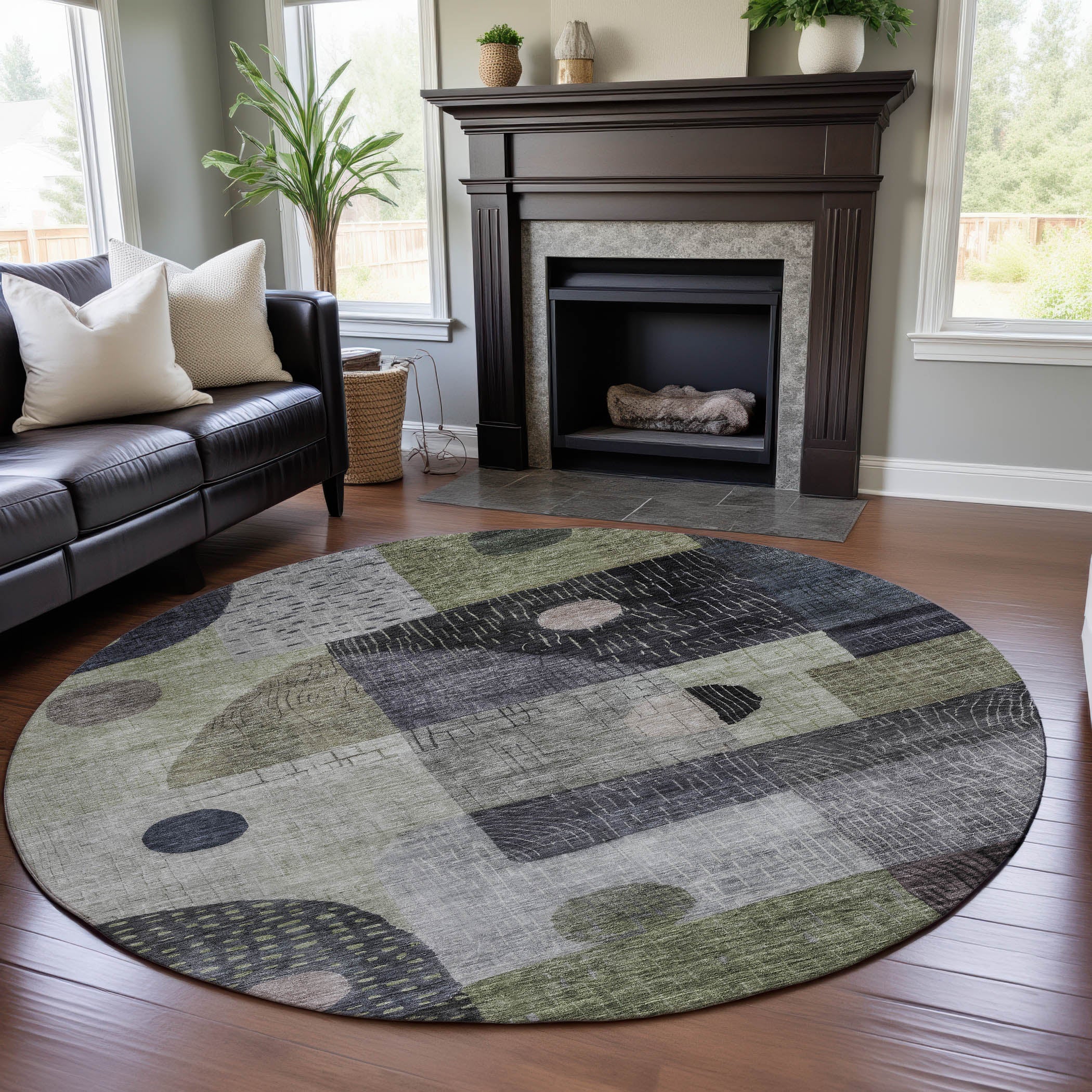 Sintra Machine Washable Transitional Aloe Green Rug 8' x 8' #shape_Round